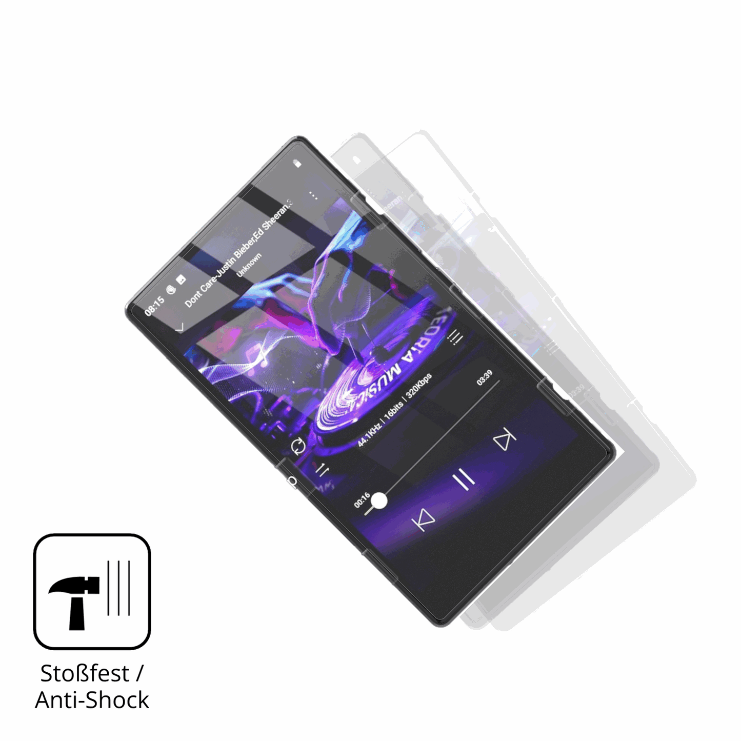 Schutz gegen Kratzer auf dem AHENOD G15 MP3-Player Glas durch Schlüssel, Stöße gegen die Tischkante oder Stürze