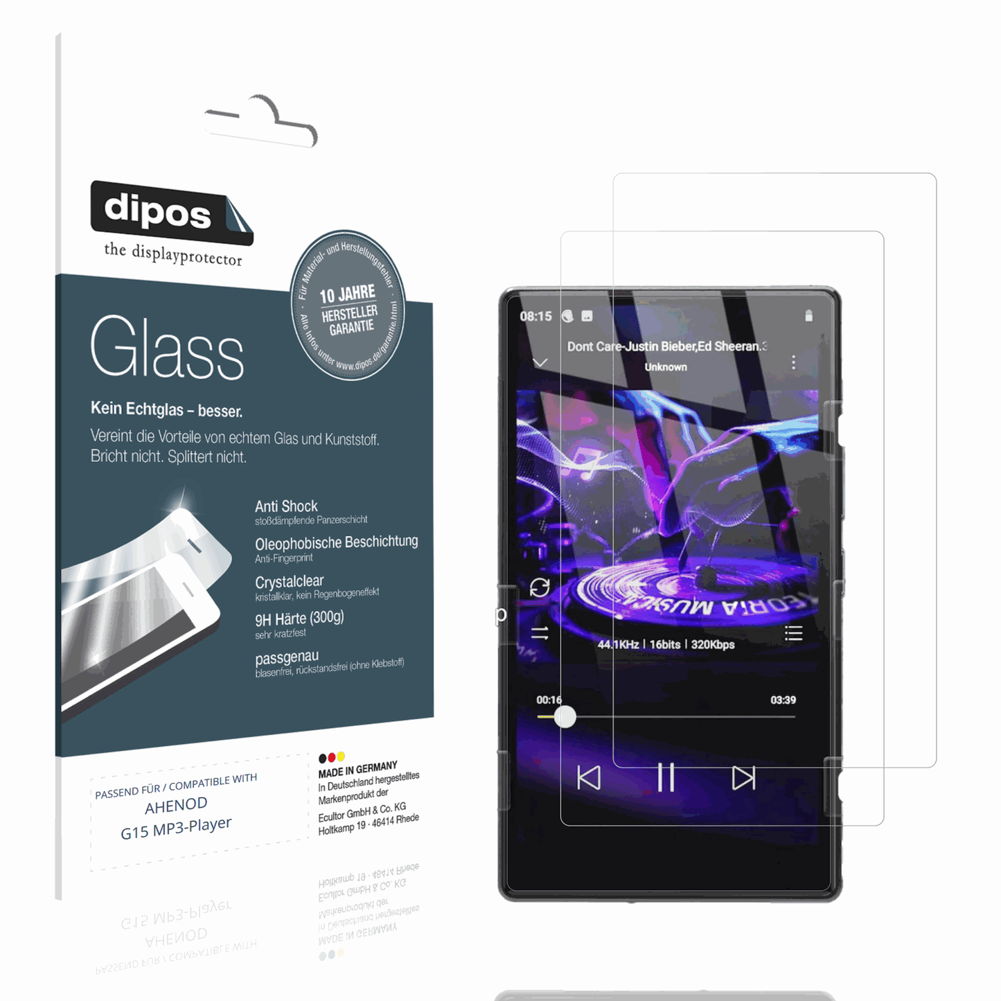 Klare Displayschutzfolie von dipos passend für AHENOD G15 MP3-Player, 9H kratzfest und blasenfrei montiert