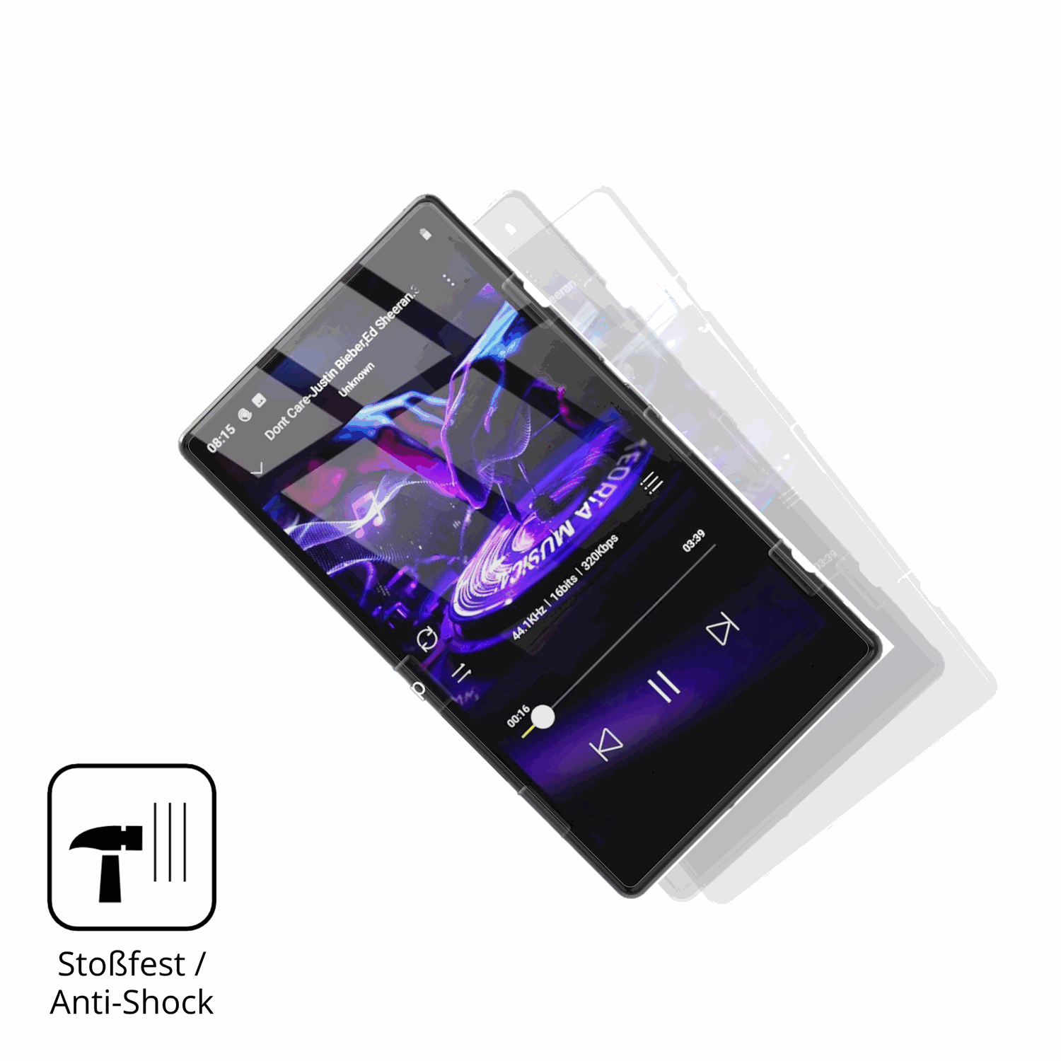 Schutz gegen Kratzer auf dem AHENOD G15 MP3-Player Glas durch Schlüssel, Stöße gegen die Tischkante oder Stürze