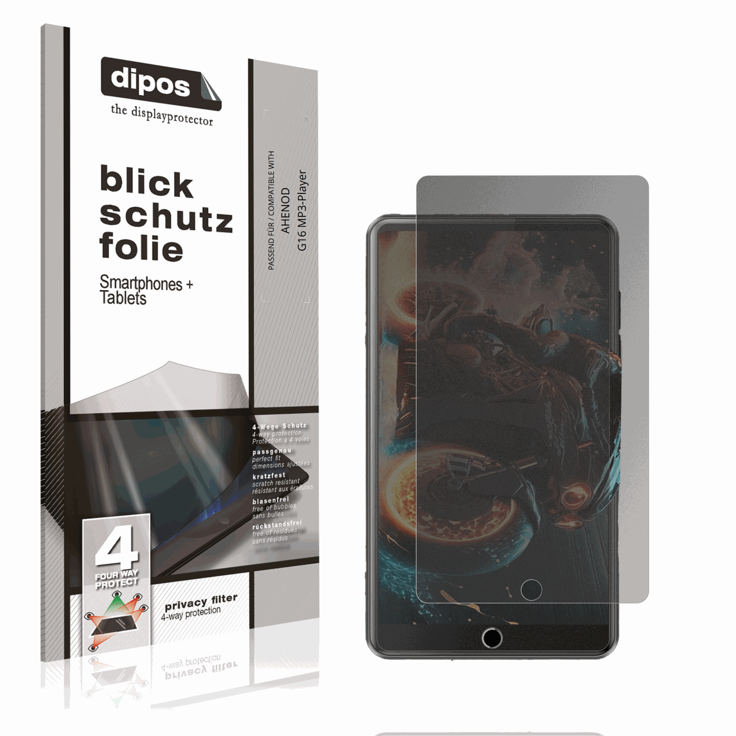 Blickschutzfolie von dipos passend für AHENOD G16 MP3-Player, präziser Zuschnitt und blasenfrei montiert