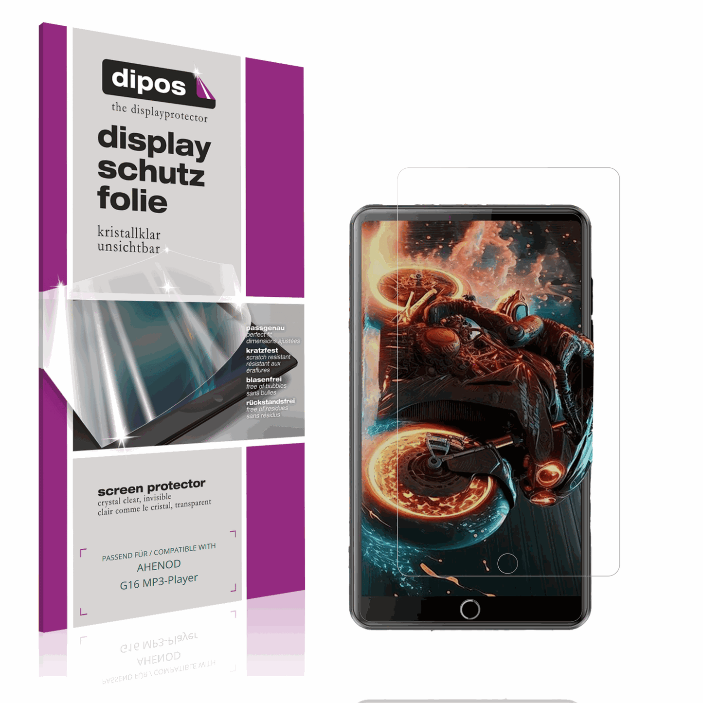 Klare Displayschutzfolie von dipos passend für AHENOD G16 MP3-Player, präziser Zuschnitt und blasenfrei montiert
