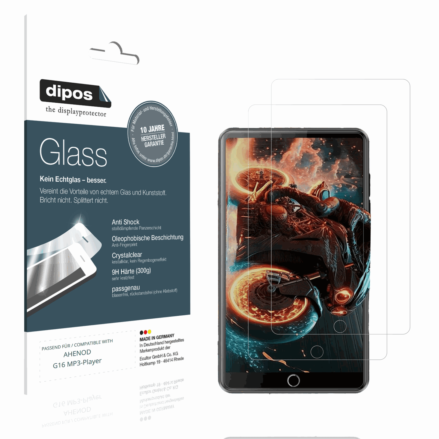 Klare Displayschutzfolie von dipos passend für AHENOD G16 MP3-Player, 9H kratzfest und blasenfrei montiert