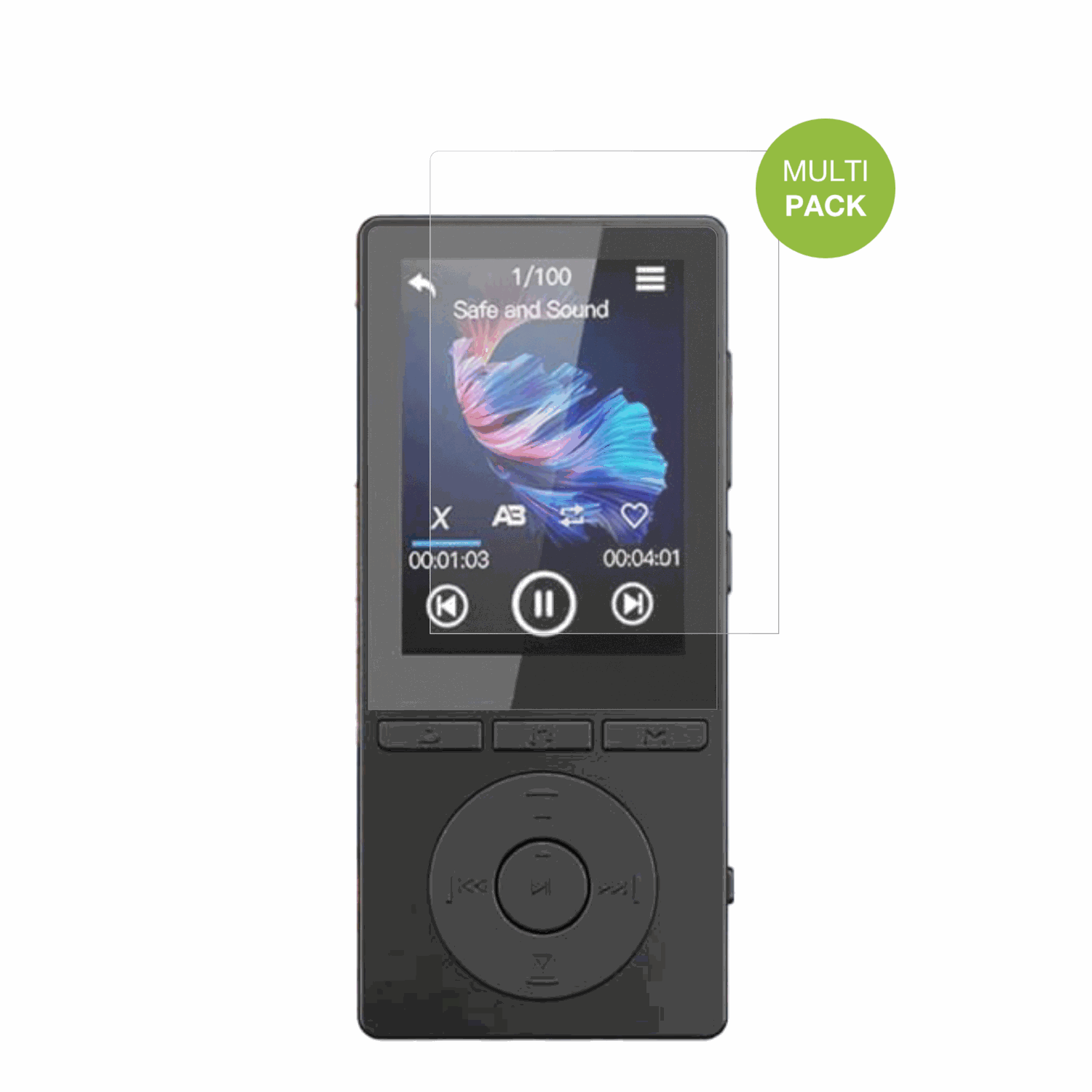 AiandccM6 MP3-Player mit aufgebrachter dipos Displayschutzfolie, die lästige Fingerabdrücke minimiert