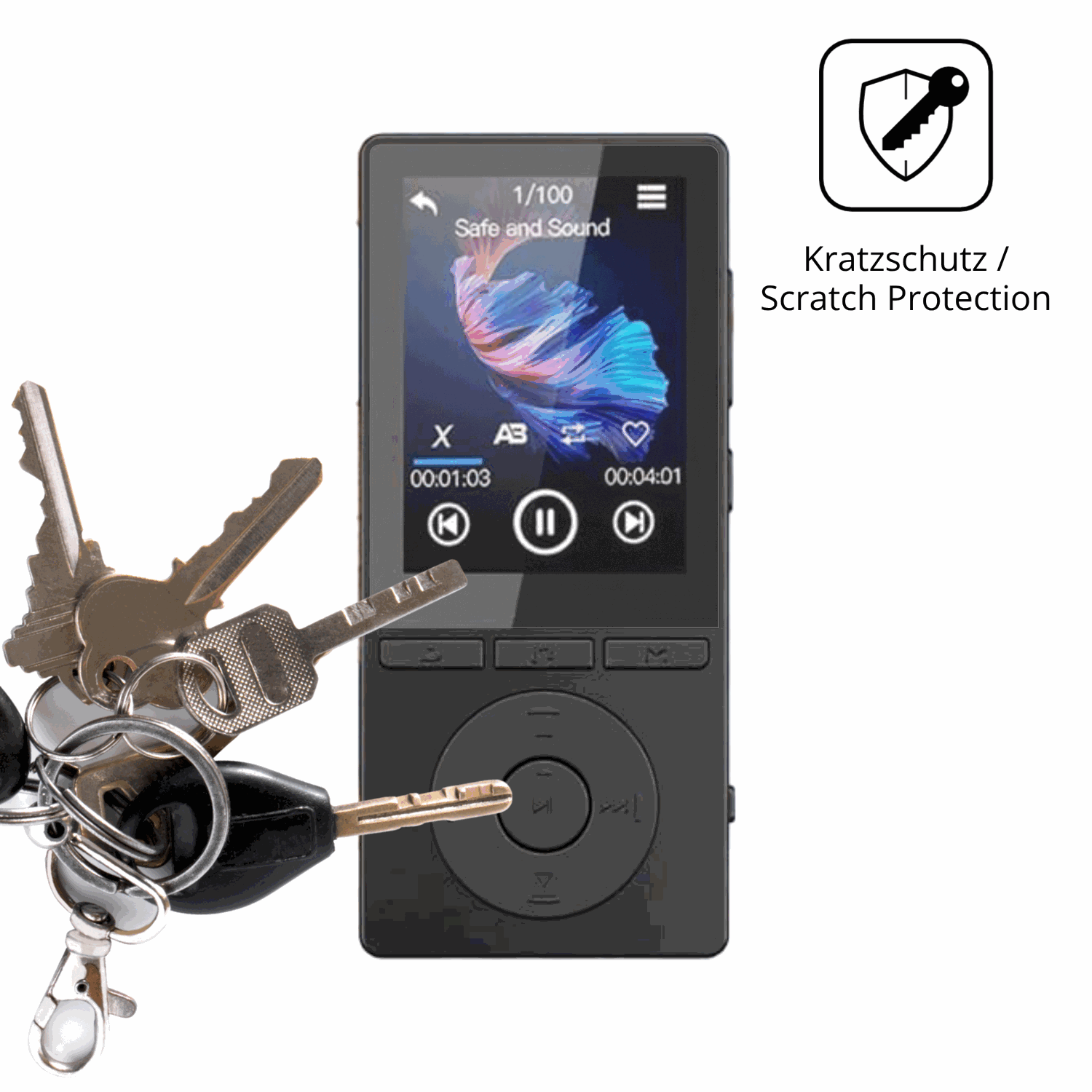 Schutz gegen Kratzer auf dem Aiandcc M6 MP3-Player Glas durch Schlüssel oder Ähnliches