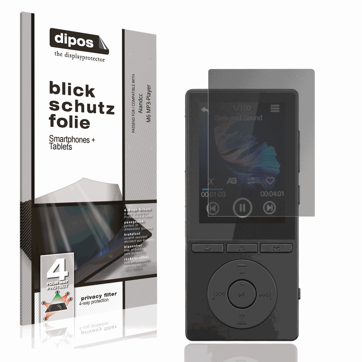 Blickschutzfolie von dipos passend für Aiandcc M6 MP3-Player, präziser Zuschnitt und blasenfrei montiert