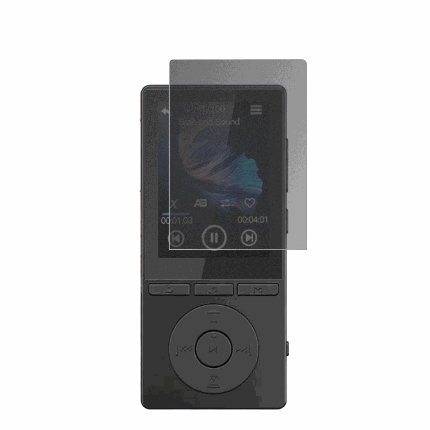 AiandccM6 MP3-Player mit aufgebrachtem dipos Displayschutz, der seitliche Einblicke blockiert