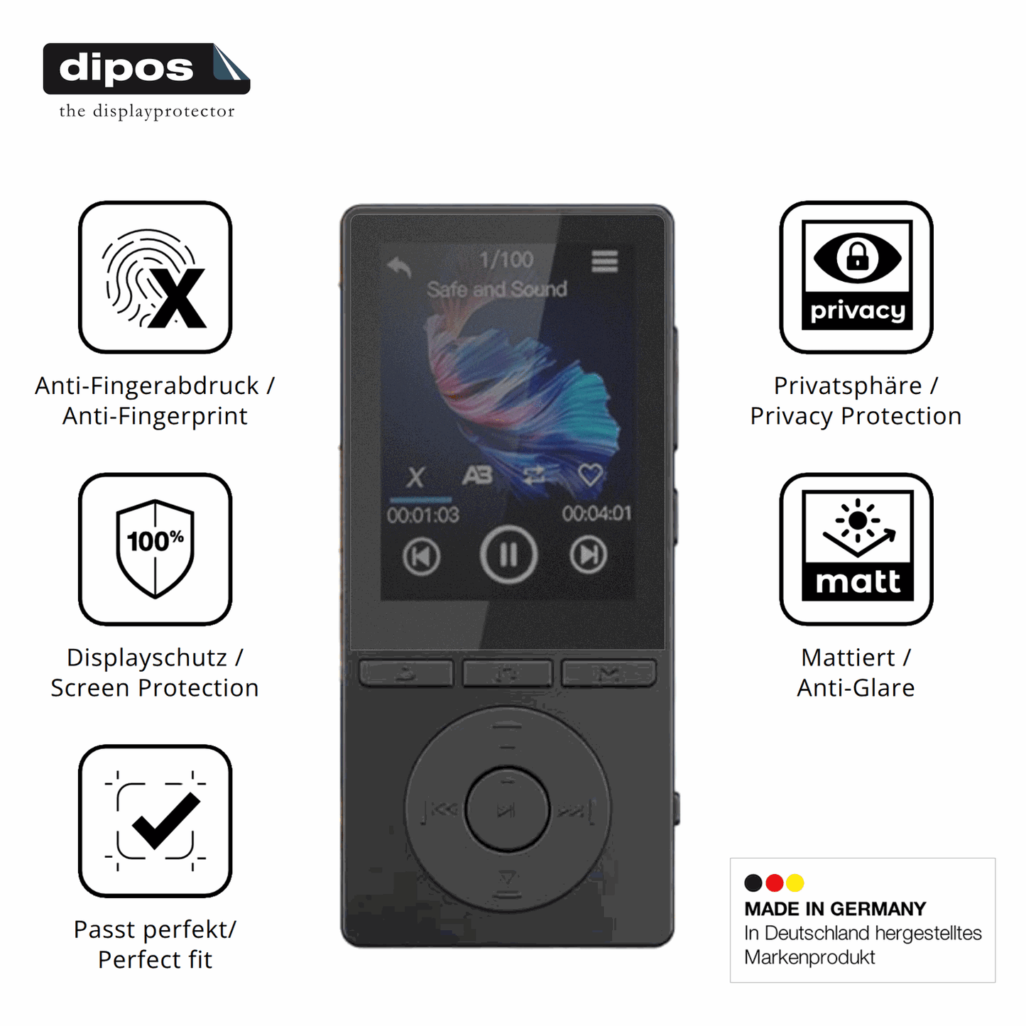 Privatsphäre-Schutz durch Sichtschutz-Folie passend zugeschnitten für Aiandcc M6 MP3-Player