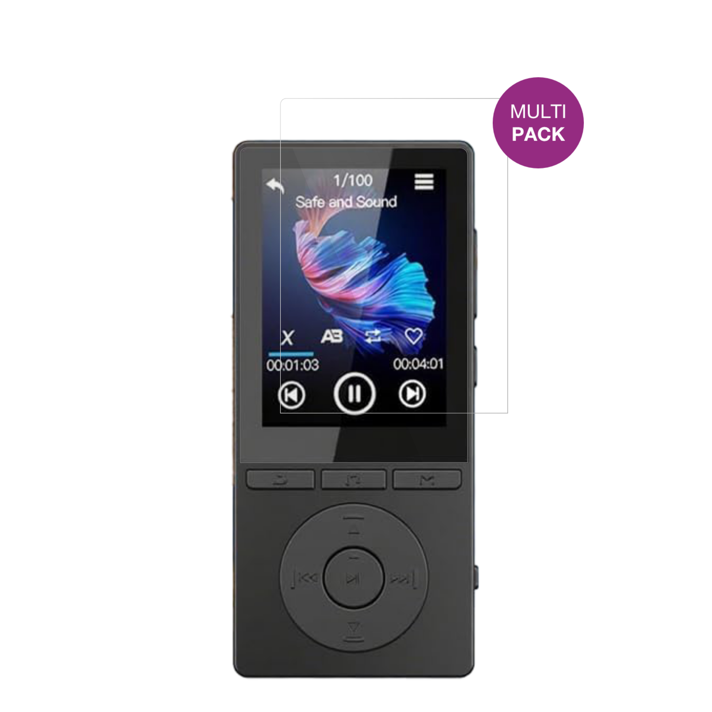 AiandccM6 MP3-Player mit aufgebrachter dipos Displayschutzfolie, glasklare Darstellung ohne Einschränkungen