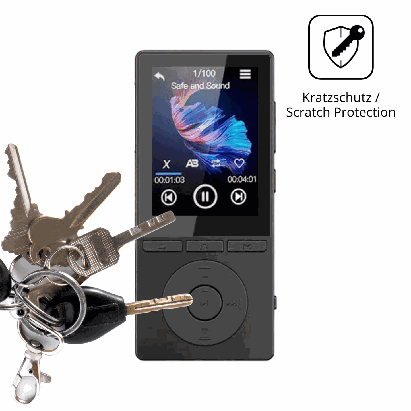 Schutz gegen Kratzer auf dem Aiandcc M6 MP3-Player Glas durch Schlüssel oder Ähnliches