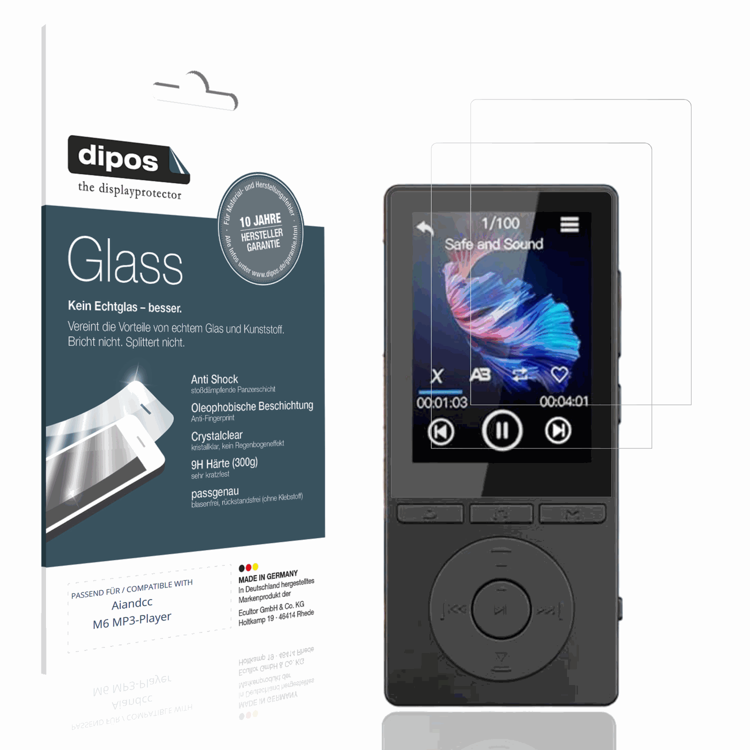 Klare Displayschutzfolie von dipos passend für Aiandcc M6 MP3-Player, 9H kratzfest und blasenfrei montiert