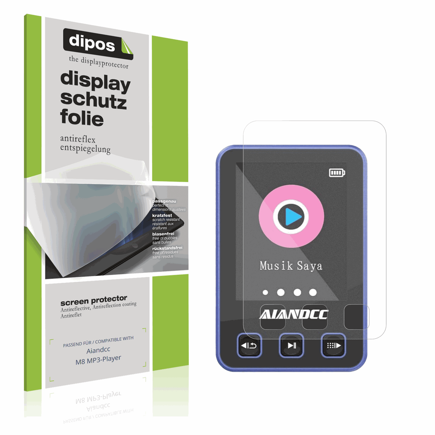 Matte Displayschutzfolie von dipos passend für Aiandcc M8 MP3-Player, präziser Zuschnitt und blasenfrei montiert