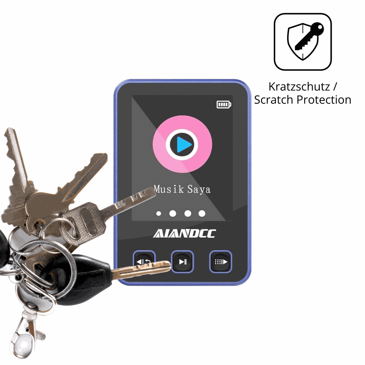 Schutz gegen Kratzer auf dem Aiandcc M8 MP3-Player Glas durch Schlüssel oder Ähnliches