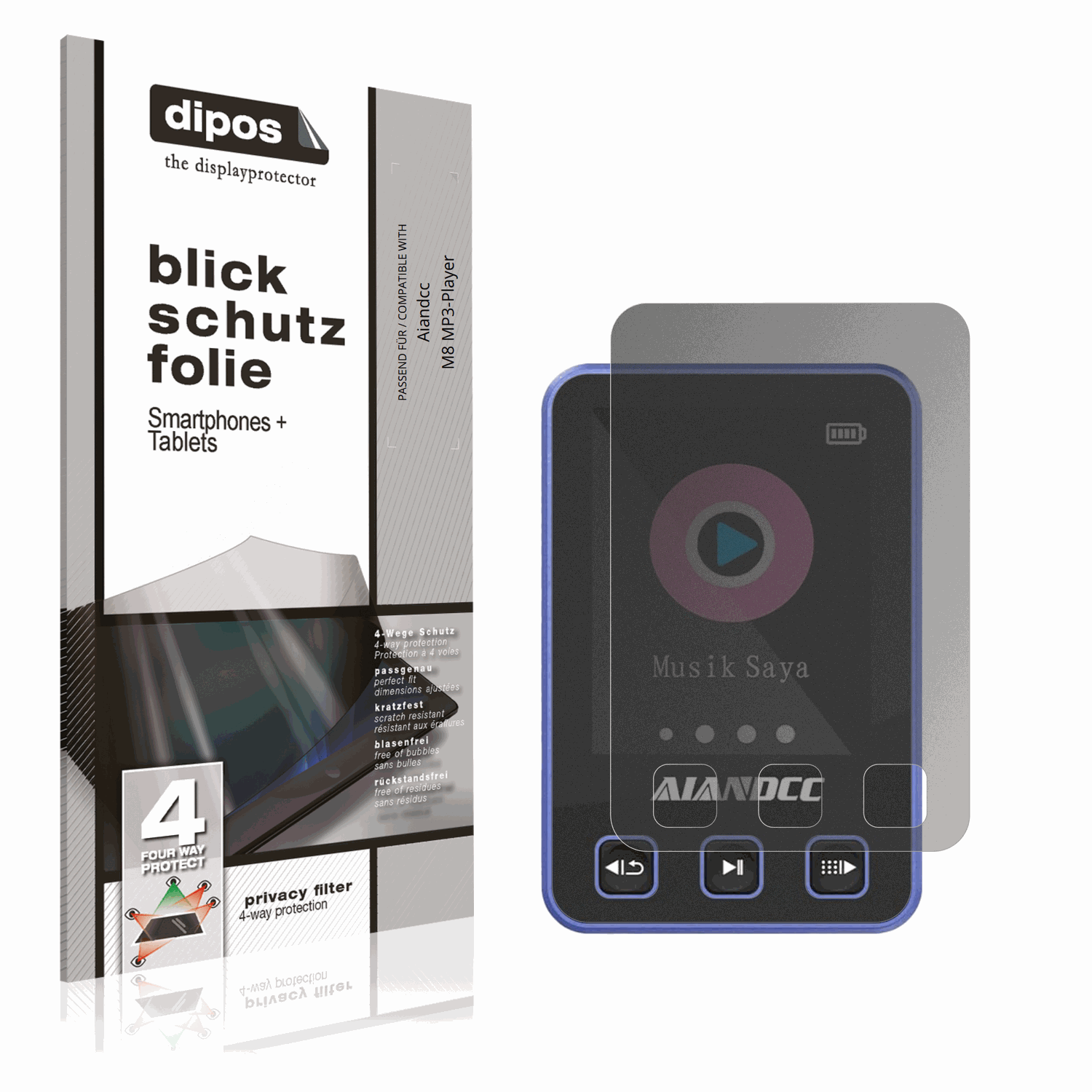 Blickschutzfolie von dipos passend für Aiandcc M8 MP3-Player, präziser Zuschnitt und blasenfrei montiert