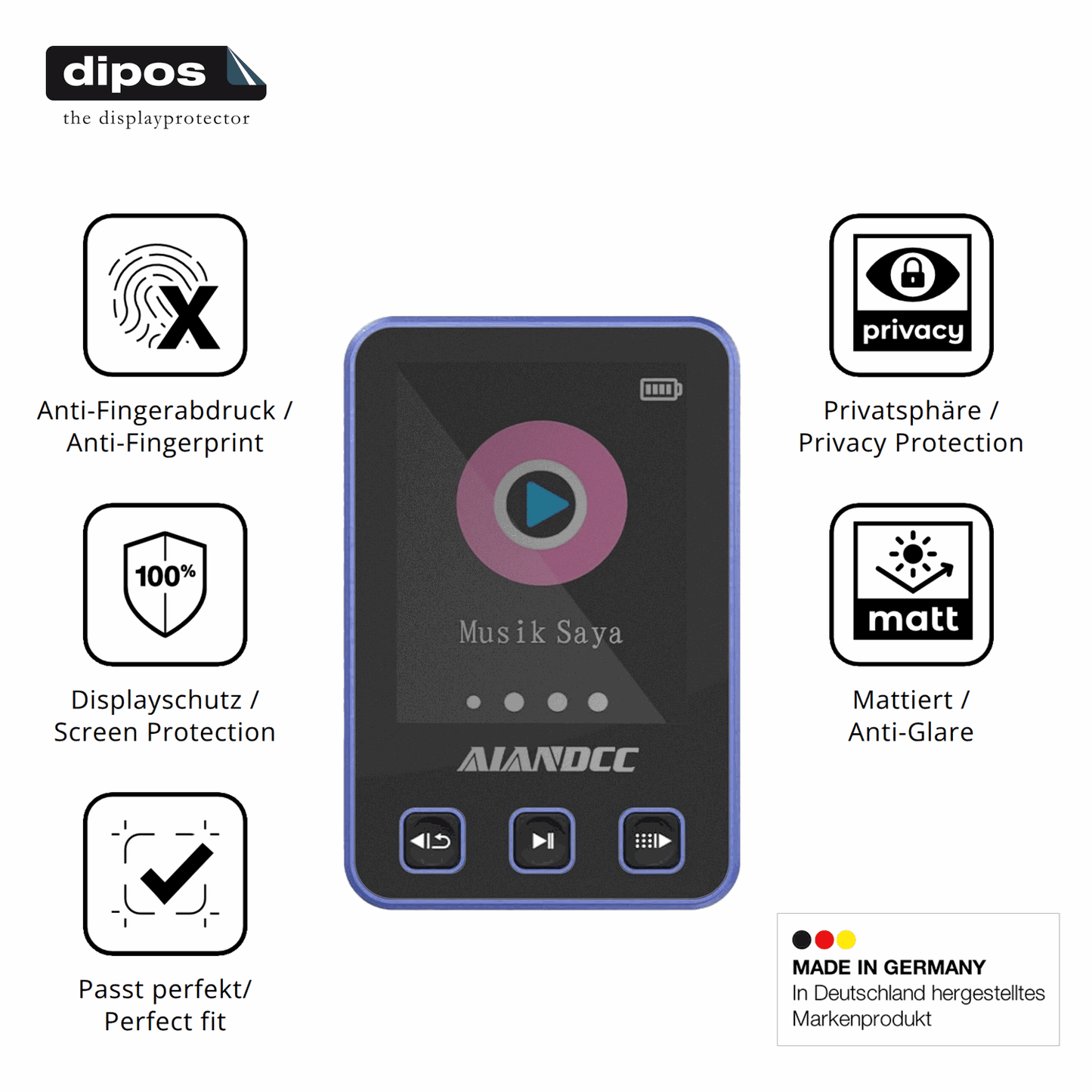 Privatsphäre-Schutz durch Sichtschutz-Folie passend zugeschnitten für Aiandcc M8 MP3-Player