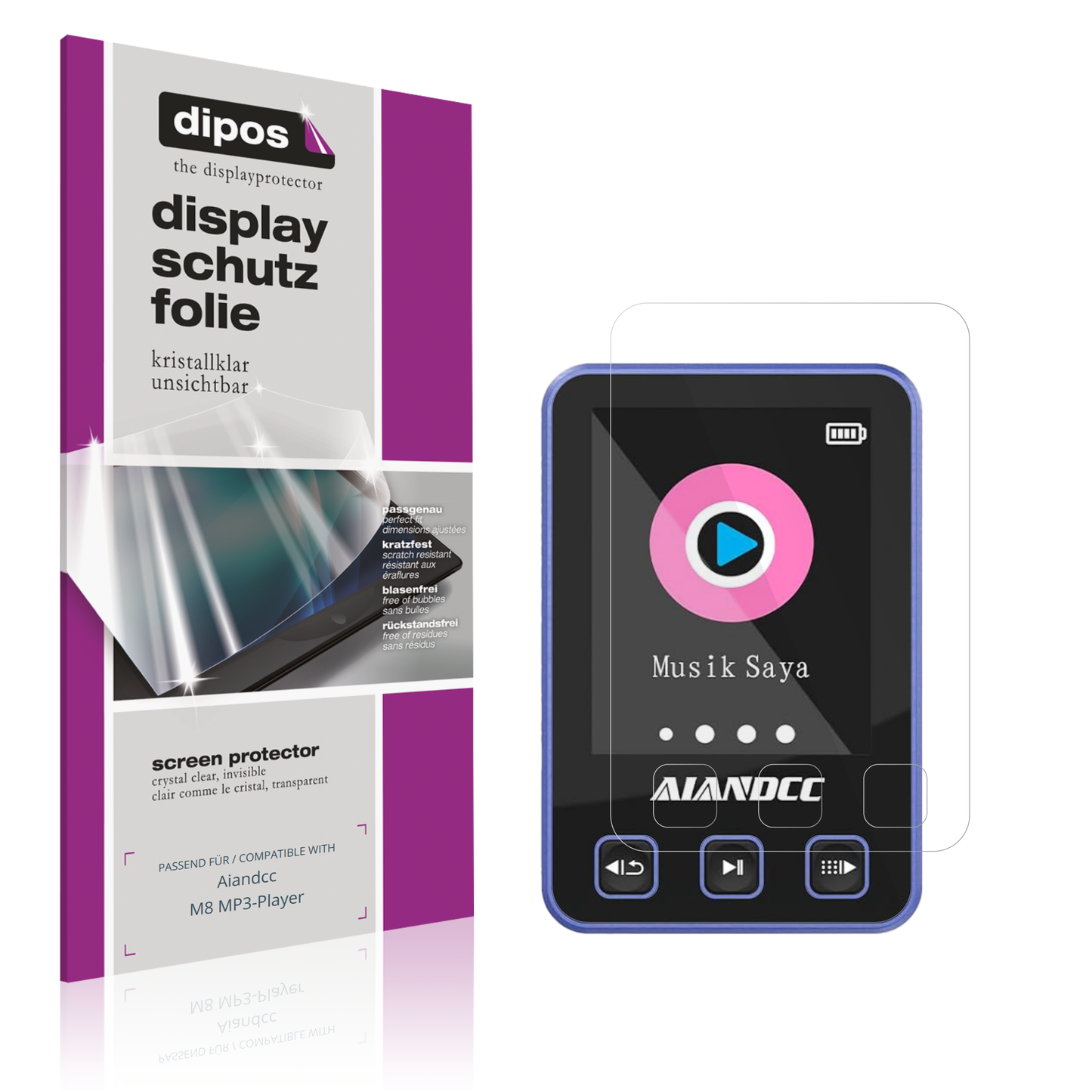Klare Displayschutzfolie von dipos passend für Aiandcc M8 MP3-Player, präziser Zuschnitt und blasenfrei montiert