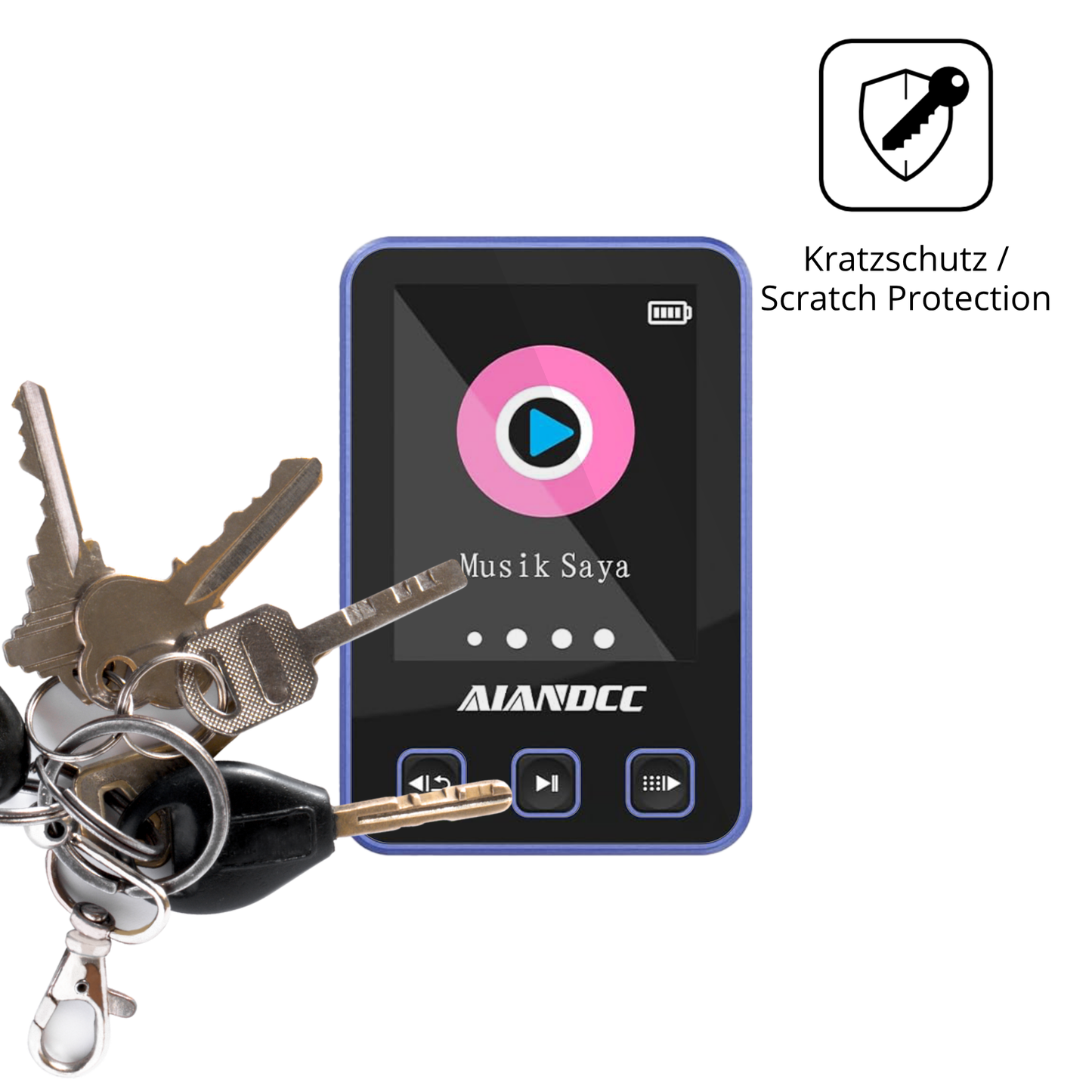 Schutz gegen Kratzer auf dem Aiandcc M8 MP3-Player Glas durch Schlüssel oder Ähnliches