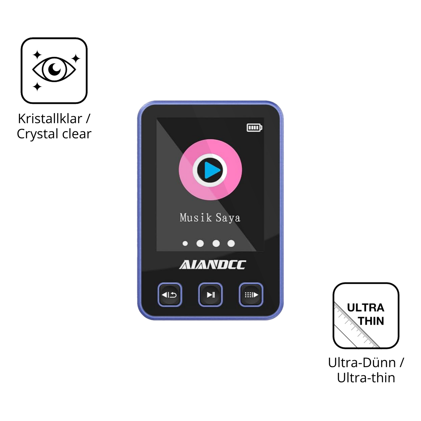 Dünne und klare Folie passend zugeschnitten für Aiandcc M8 MP3-Player