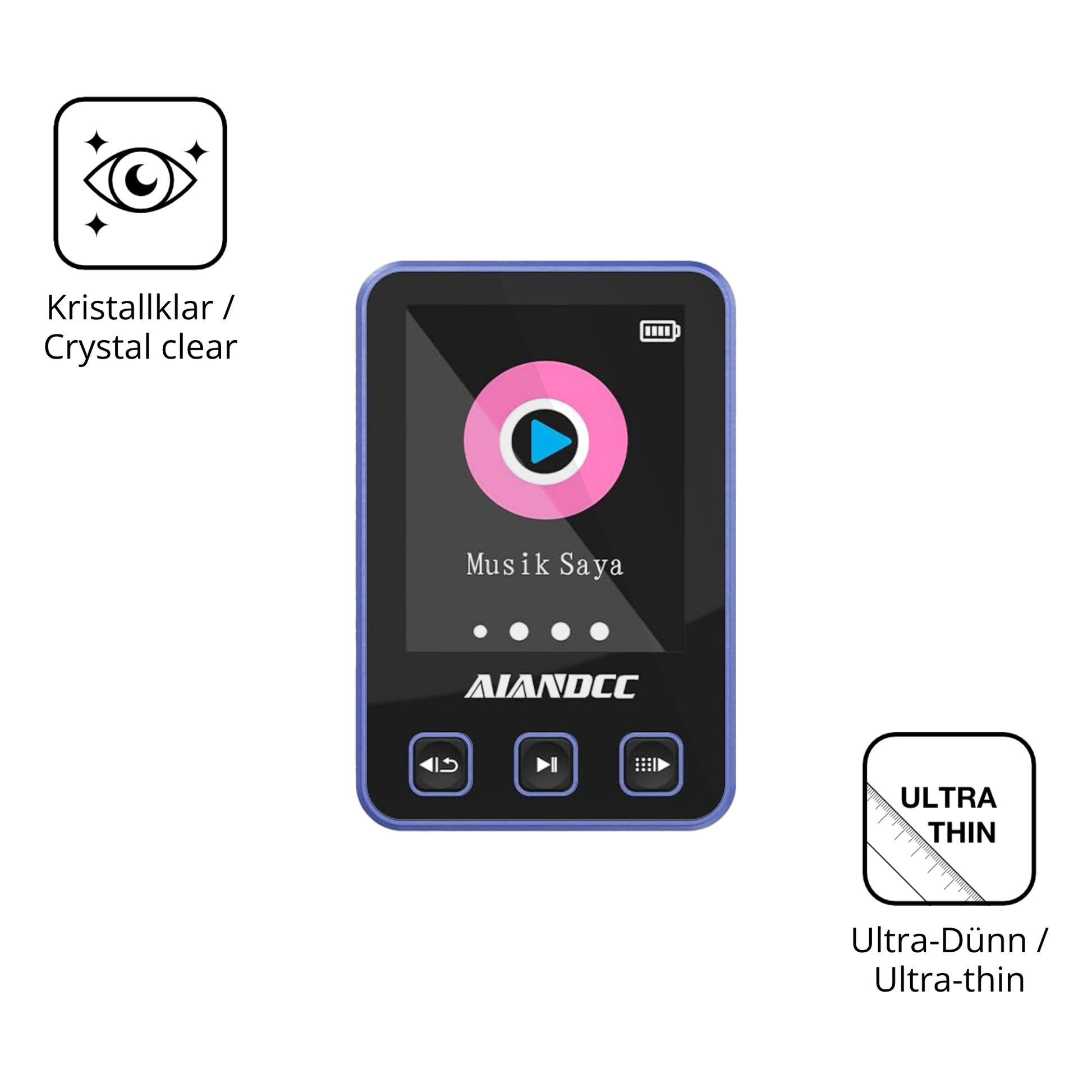 Dünne und klare Folie passend zugeschnitten für Aiandcc M8 MP3-Player