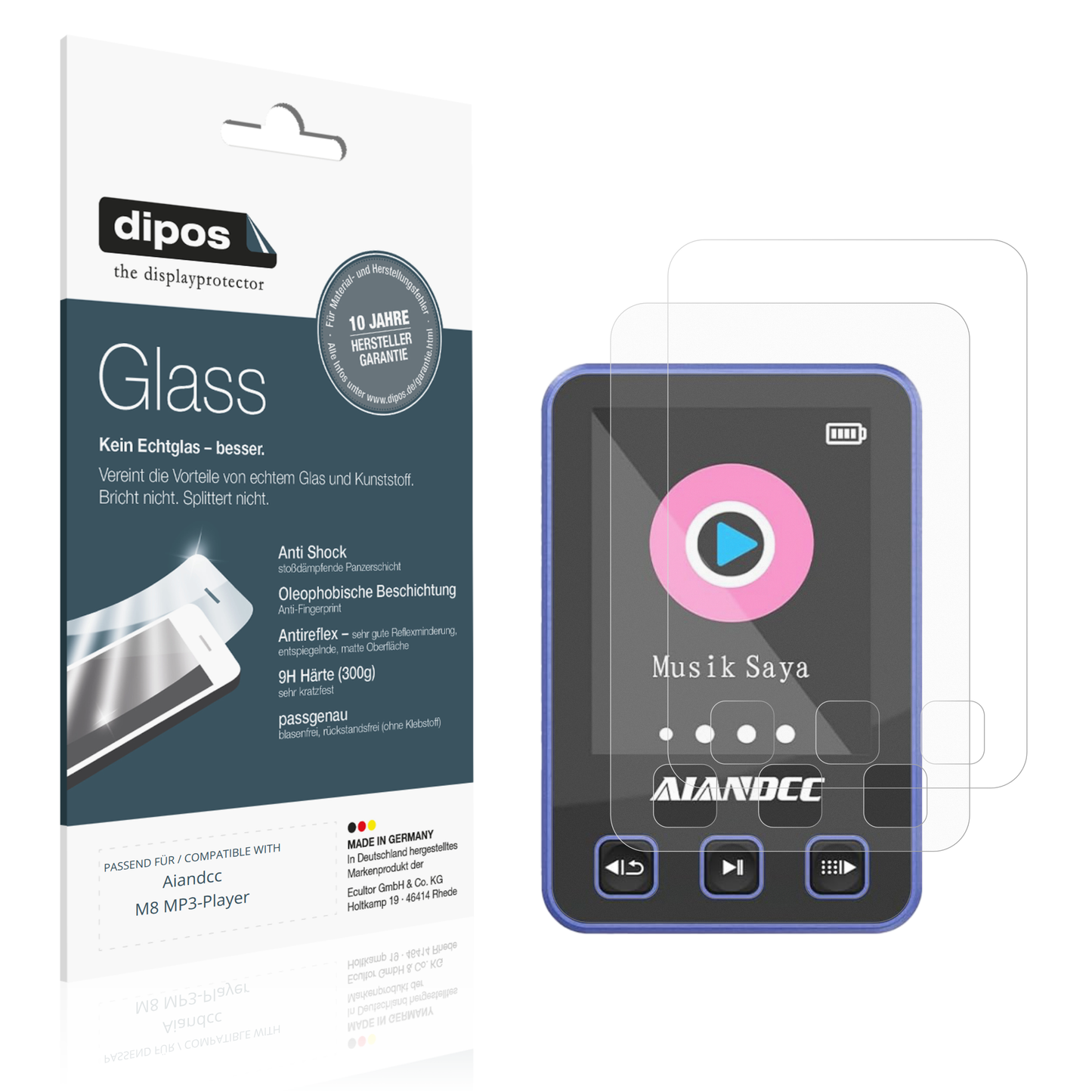 Matte Displayschutzfolie von dipos passend für Aiandcc M8 MP3-Player, 9H kratzfest und blasenfrei montiert