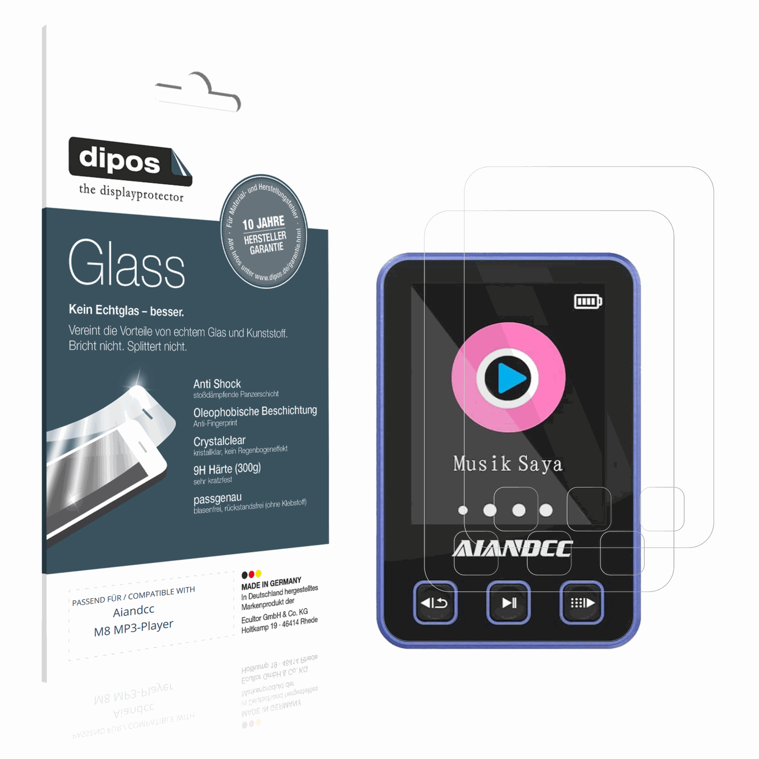 Klare Displayschutzfolie von dipos passend für Aiandcc M8 MP3-Player, 9H kratzfest und blasenfrei montiert