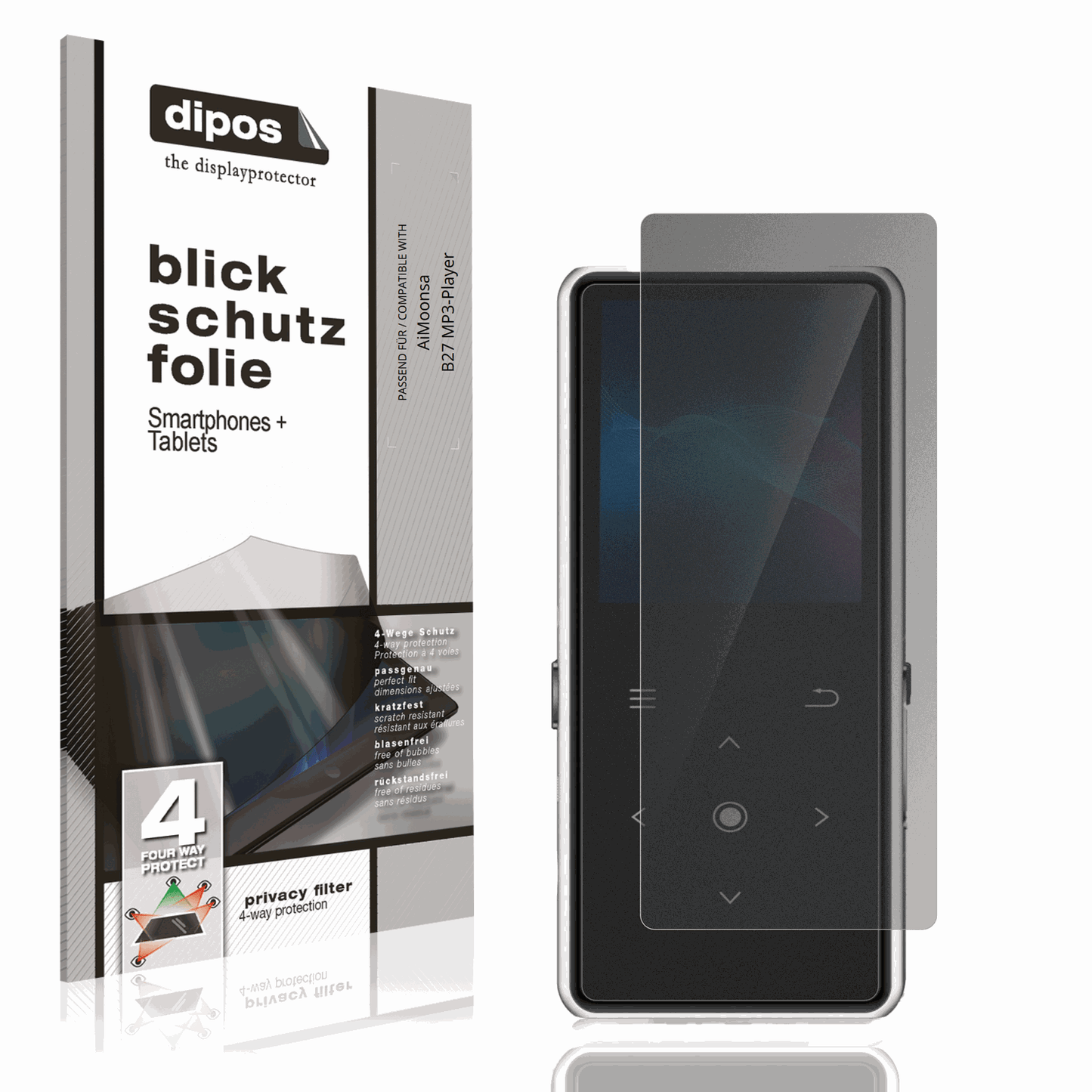 Blickschutzfolie von dipos passend für AiMoonsa B27 MP3-Player, präziser Zuschnitt und blasenfrei montiert