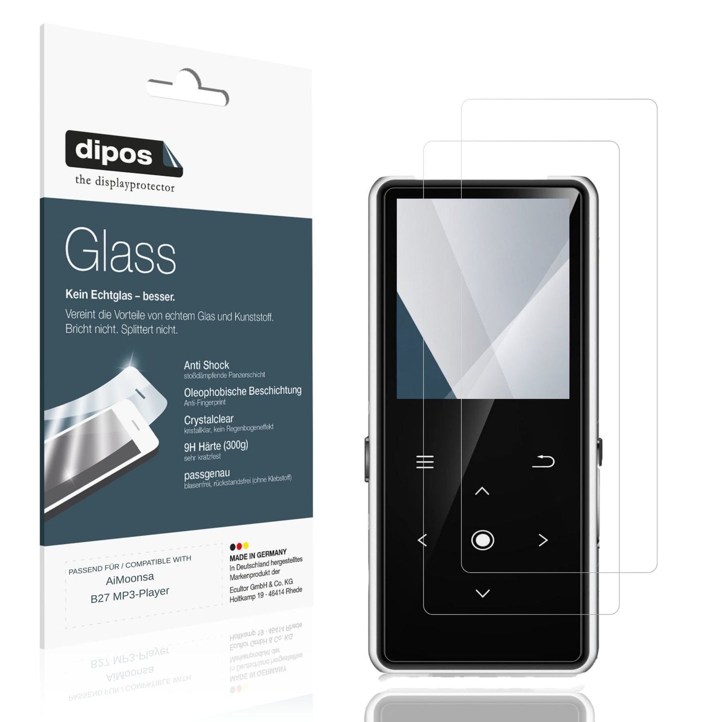 Klare Displayschutzfolie von dipos passend für AiMoonsa B27 MP3-Player, 9H kratzfest und blasenfrei montiert