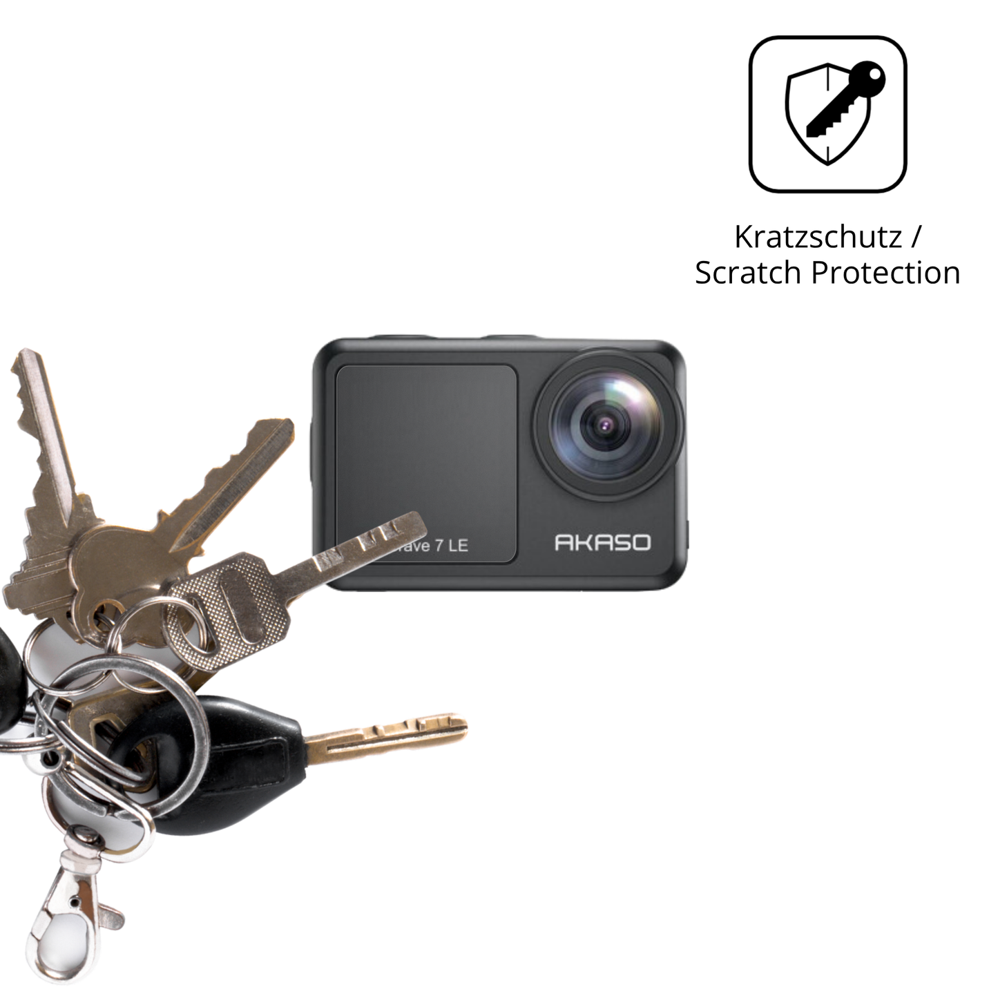 Schutz gegen Kratzer auf dem Akaso Brave 7 Glas durch Schlüssel oder Ähnliches