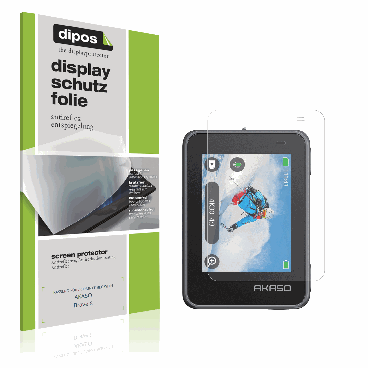 Matte Displayschutzfolie von dipos passend für AKASO Brave 8, präziser Zuschnitt und blasenfrei montiert