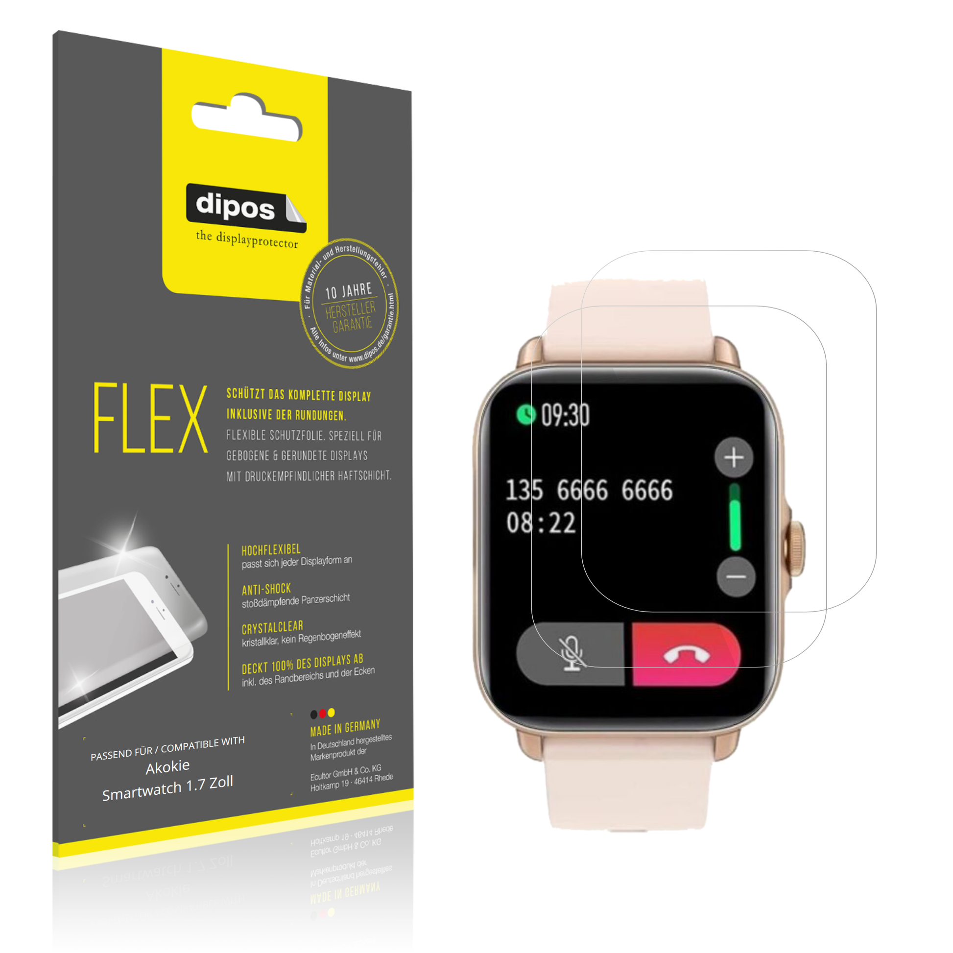 Klare Displayschutzfolie von dipos passend für akokiesmartwatch 1.7 zoll, 100% Displayabdeckung und blasenfreie Montage