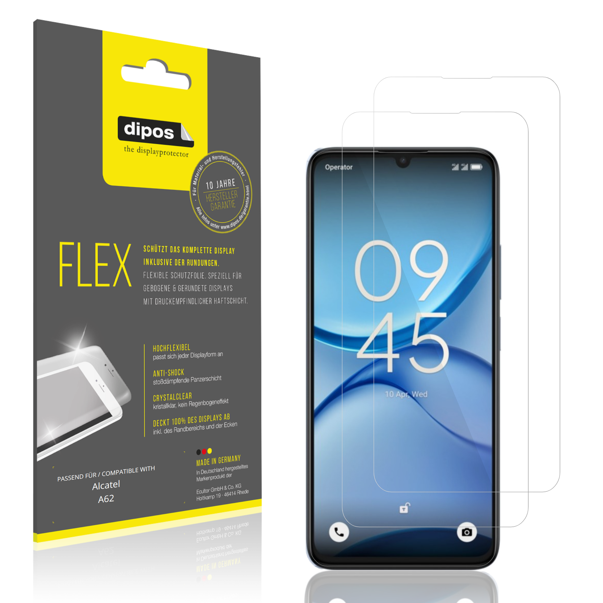 Klare Displayschutzfolie von dipos passend für Alcatel A62, 100% Displayabdeckung und blasenfreie Montage