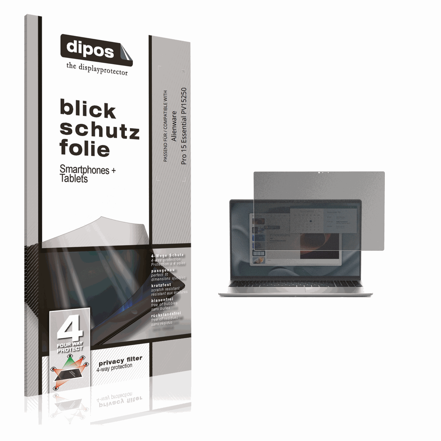 Blickschutzfolie von dipos passend für Alienware Pro 15 Essential PV15250, präziser Zuschnitt und blasenfrei montiert
