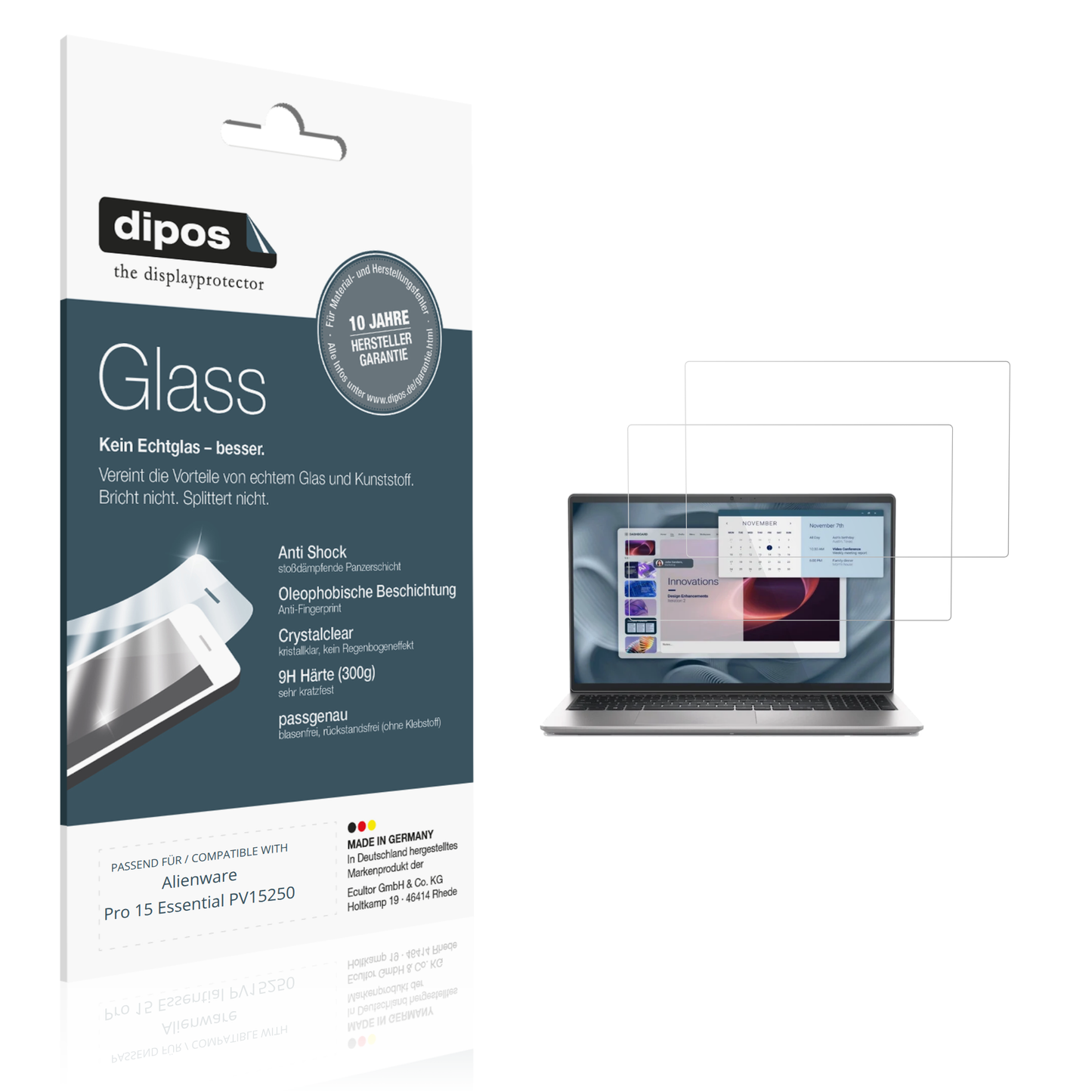 Klare Displayschutzfolie von dipos passend für Alienware Pro 15 Essential PV15250, 9H kratzfest und blasenfrei montiert