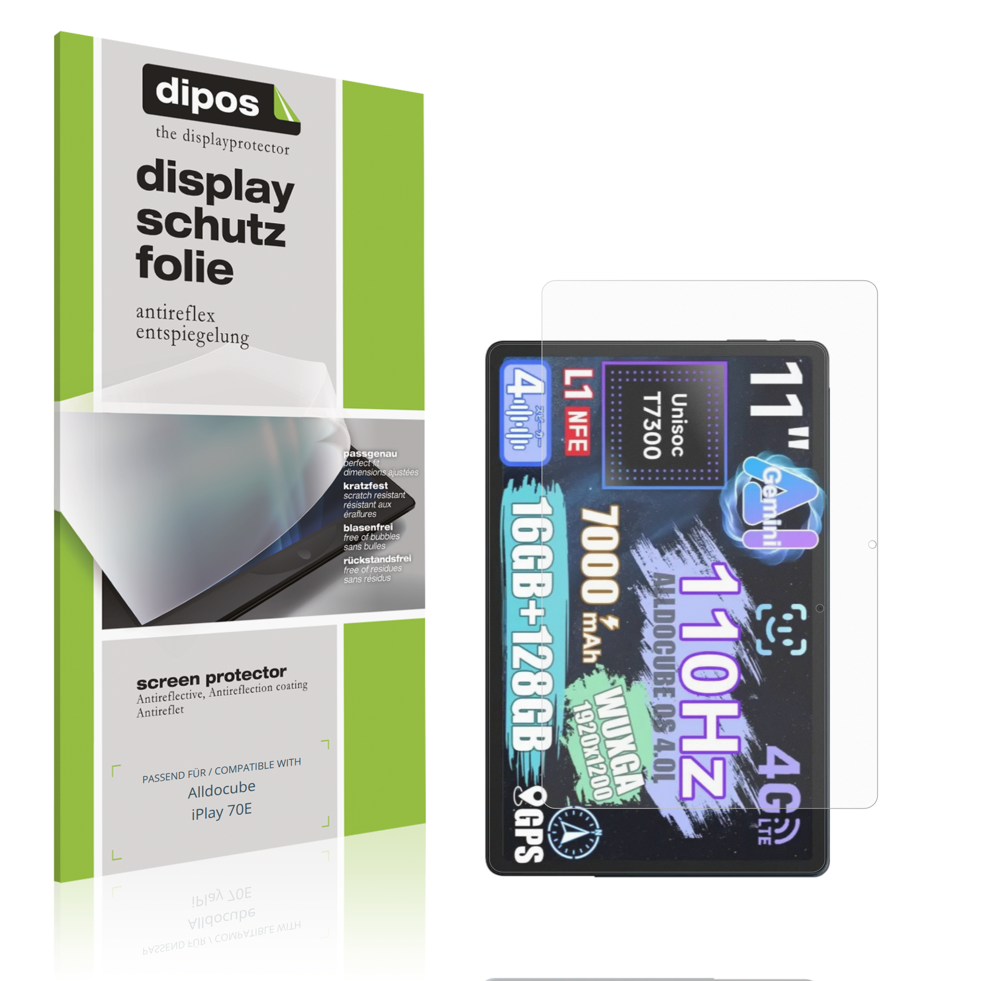 Matte Displayschutzfolie von dipos passend für alldocubeiplay 70e, präziser Zuschnitt und blasenfrei montiert
