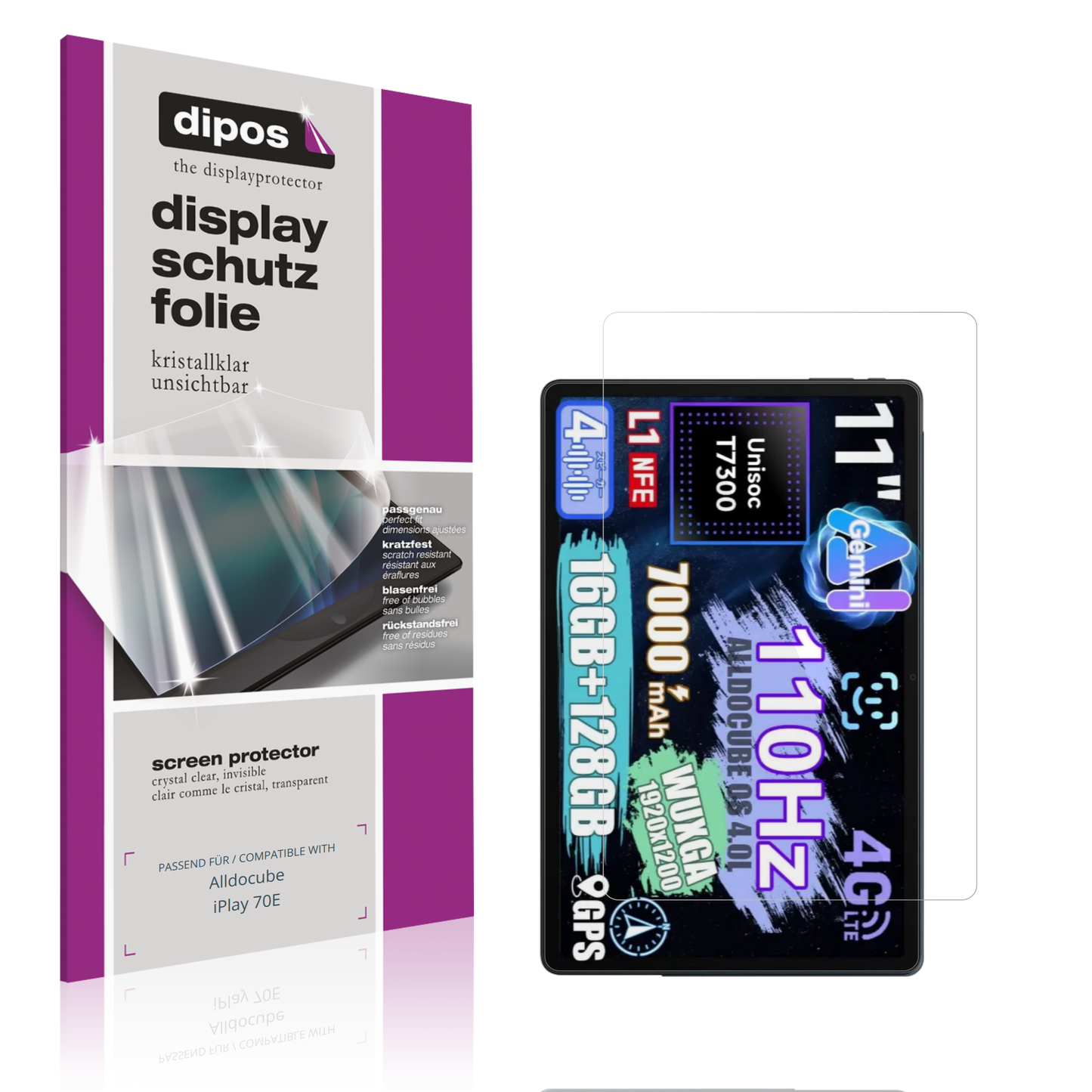 Klare Displayschutzfolie von dipos passend für alldocubeiplay 70e, präziser Zuschnitt und blasenfrei montiert
