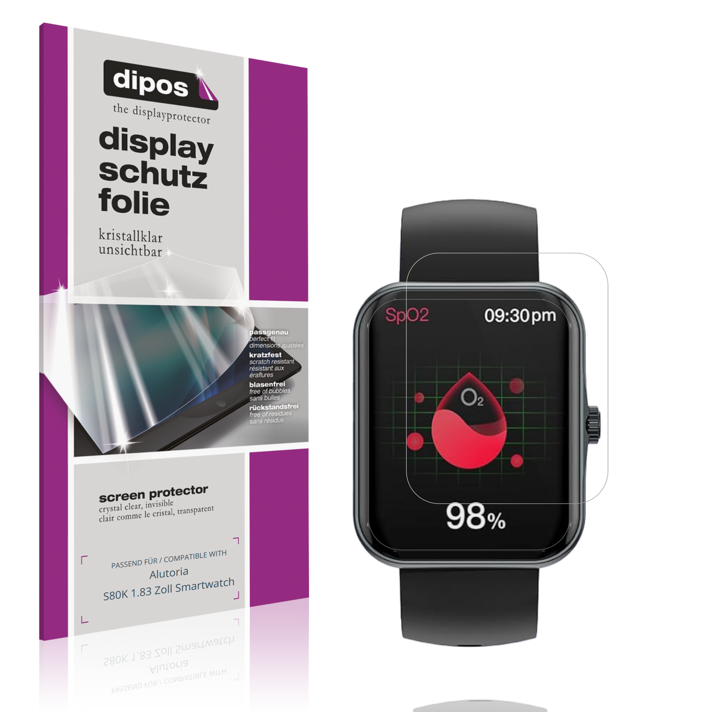 Klare Displayschutzfolie von dipos passend für Alutoria S80K 1.83 Zoll Smartwatch, präziser Zuschnitt und blasenfrei montiert
