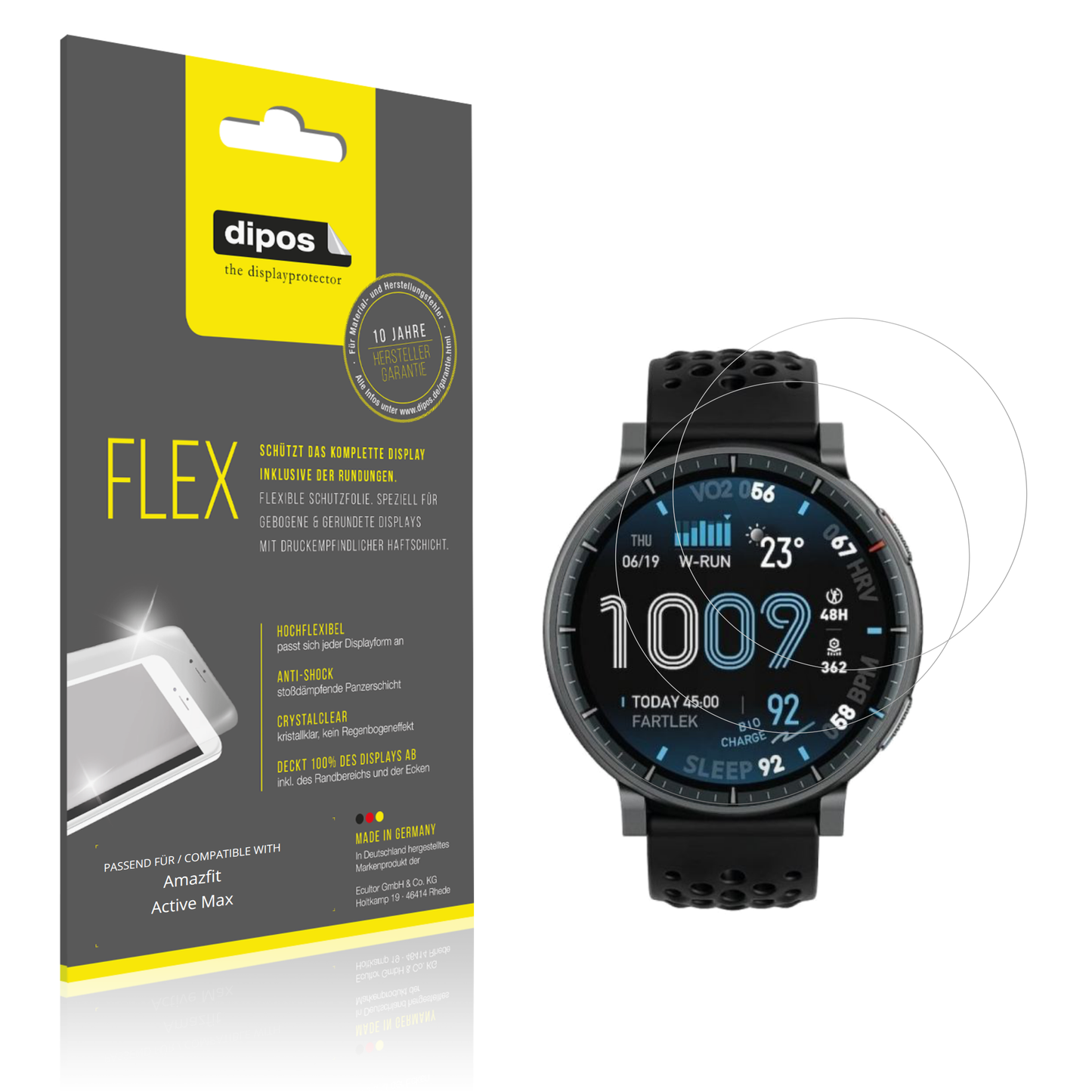 Klare Displayschutzfolie von dipos passend für Amazfit Active Max, 100% Displayabdeckung und blasenfreie Montage