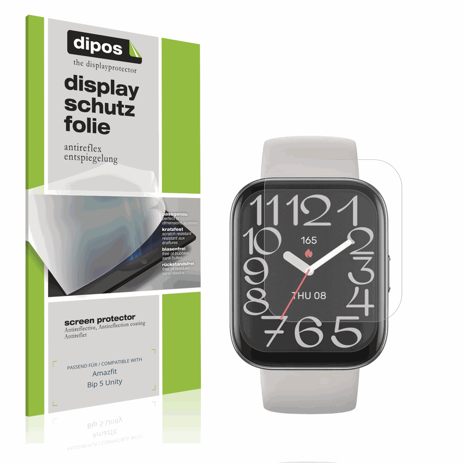 Matte Displayschutzfolie von dipos passend für Amazfit Bip 5 Unity, präziser Zuschnitt und blasenfrei montiert