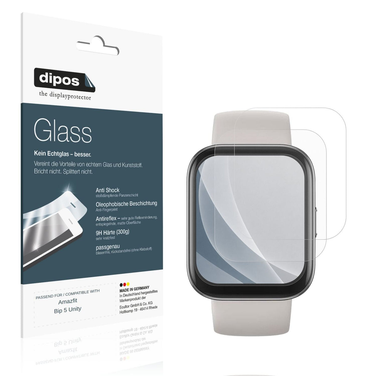Matte Displayschutzfolie von dipos passend für Amazfit Bip 5 Unity, 9H kratzfest und blasenfrei montiert