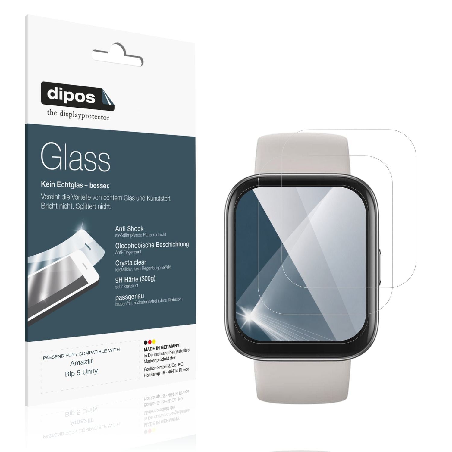 Klare Displayschutzfolie von dipos passend für Amazfit Bip 5 Unity, 9H kratzfest und blasenfrei montiert