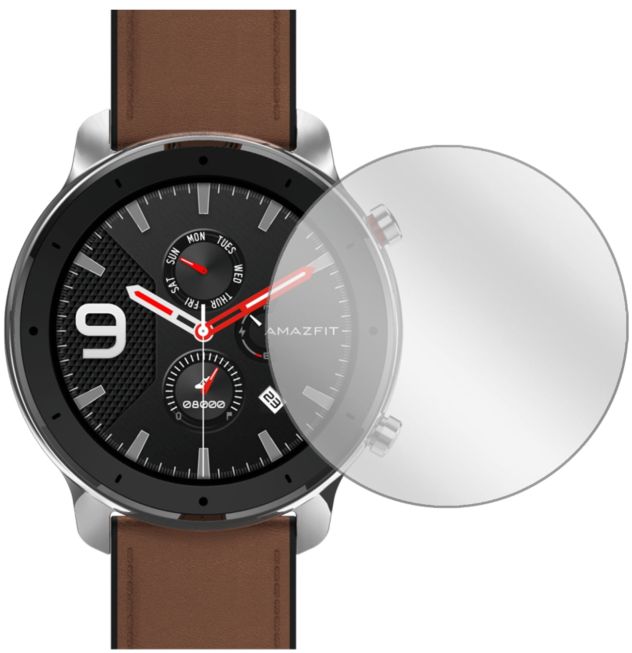 AmazfitGTR 47mm Smartwatch mit aufgebrachter dipos Displayschutzfolie, glasklare Darstellung ohne Einschränkungen