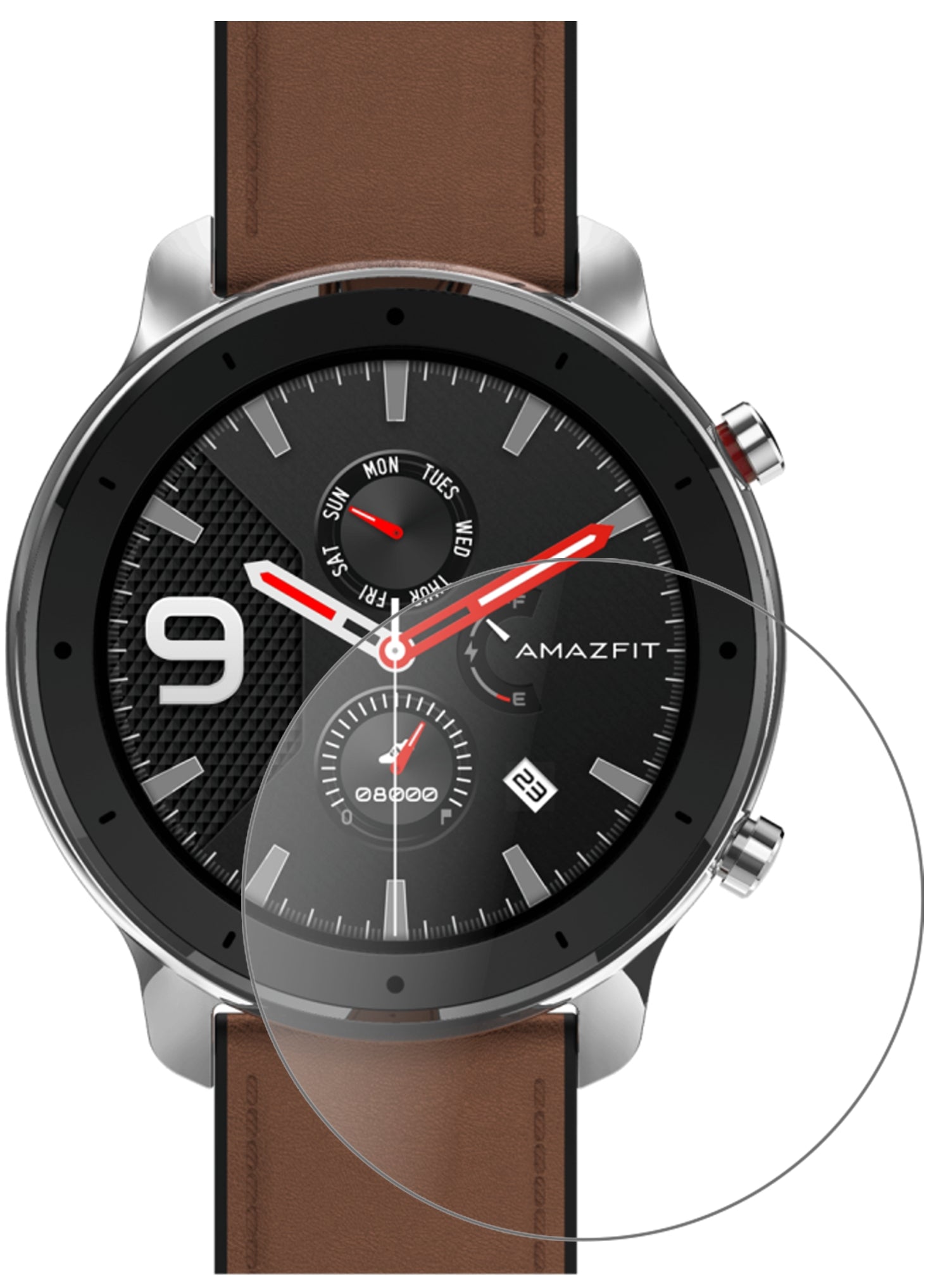 AmazfitGTR 47mm Smartwatch mit aufgebrachter dipos Panzerfolie, die lästige Fingerabdrücke minimiert