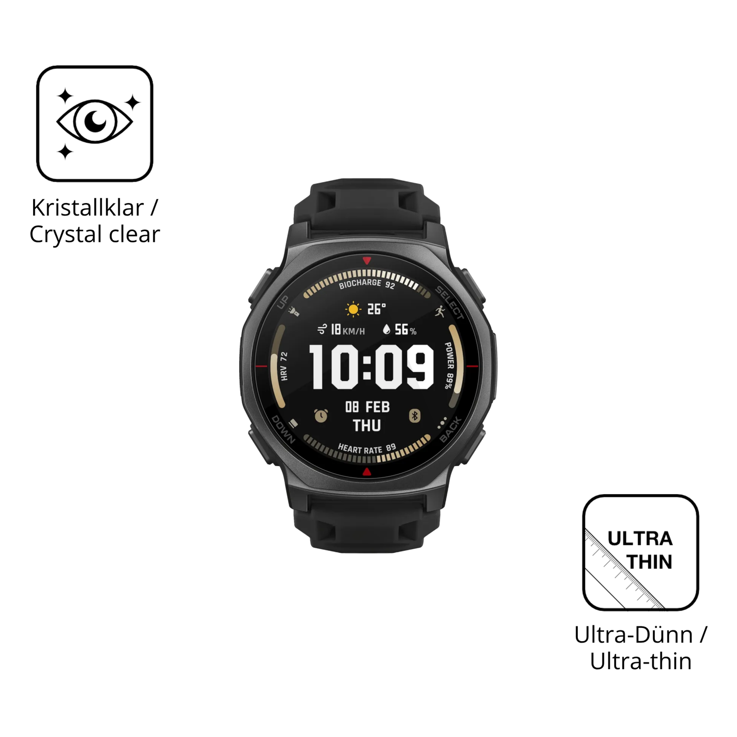 Dünne und klare Folie passend zugeschnitten für Amazfit T-Rex 3 Pro 44mm
