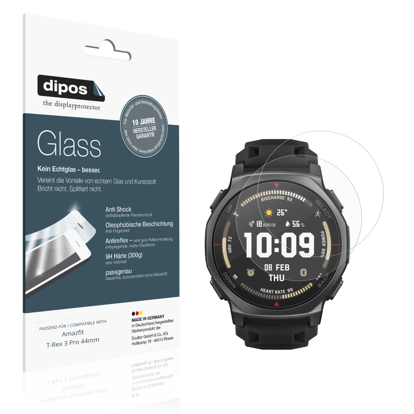 Matte Displayschutzfolie von dipos passend für Amazfit T-Rex 3 Pro 44mm, 9H kratzfest und blasenfrei montiert
