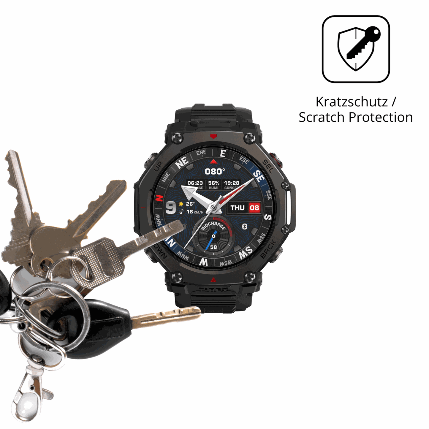 Schutz gegen Kratzer auf dem Amazfit T-Rex 3 Pro 48mm Glas durch Schlüssel oder Ähnliches