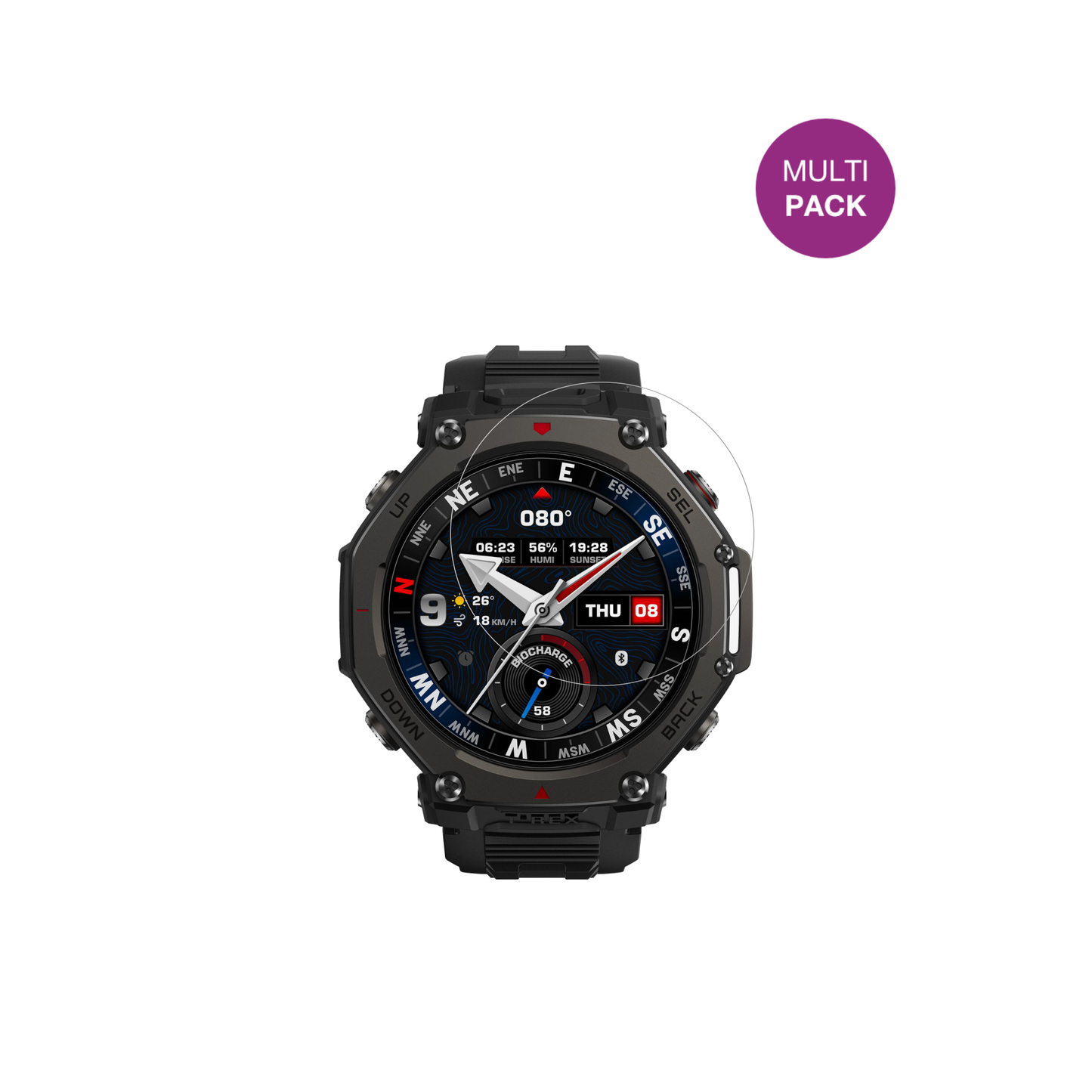 AmazfitT-Rex 3 Pro 48mm mit aufgebrachter dipos Displayschutzfolie, glasklare Darstellung ohne Einschränkungen