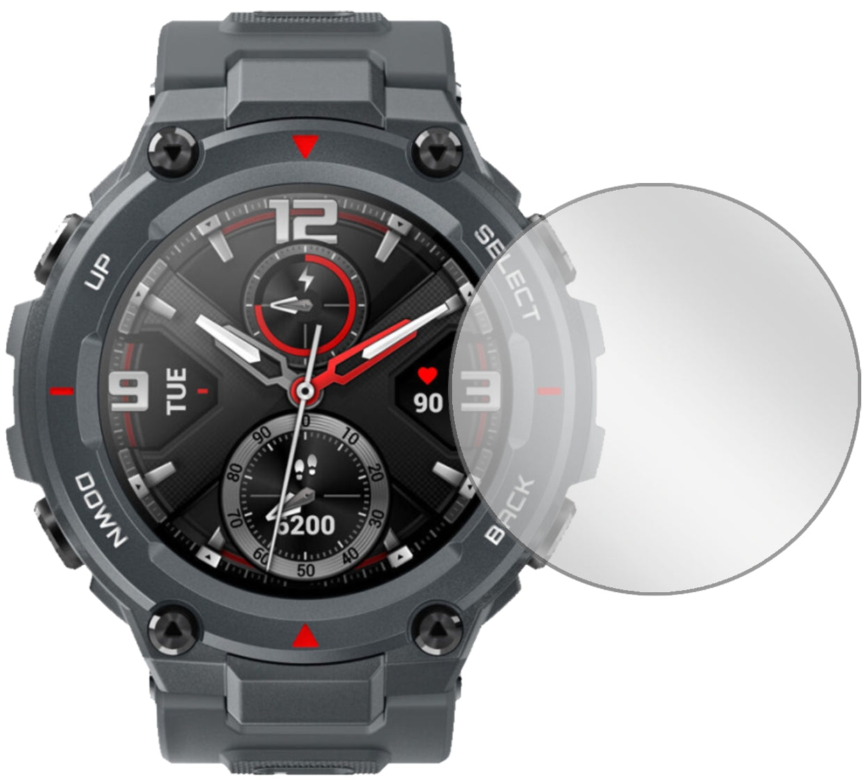 AmazfitT-Rex Smartwatch mit aufgebrachter dipos Displayschutzfolie, glasklare Darstellung ohne Einschränkungen