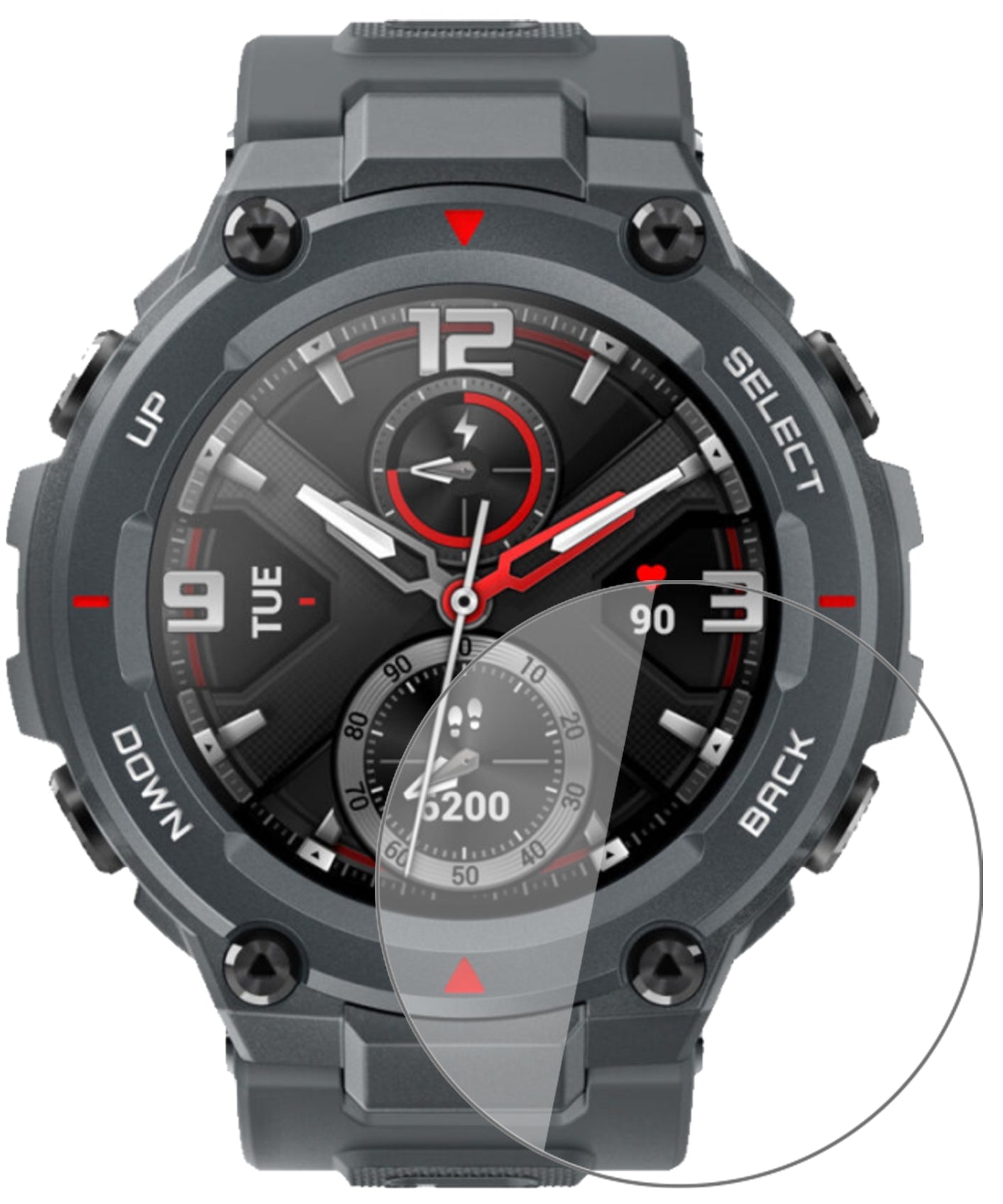 AmazfitT-Rex Smartwatch mit aufgebrachter dipos Flex Schutzfolie, glasklare Darstellung ohne Einschränkungen