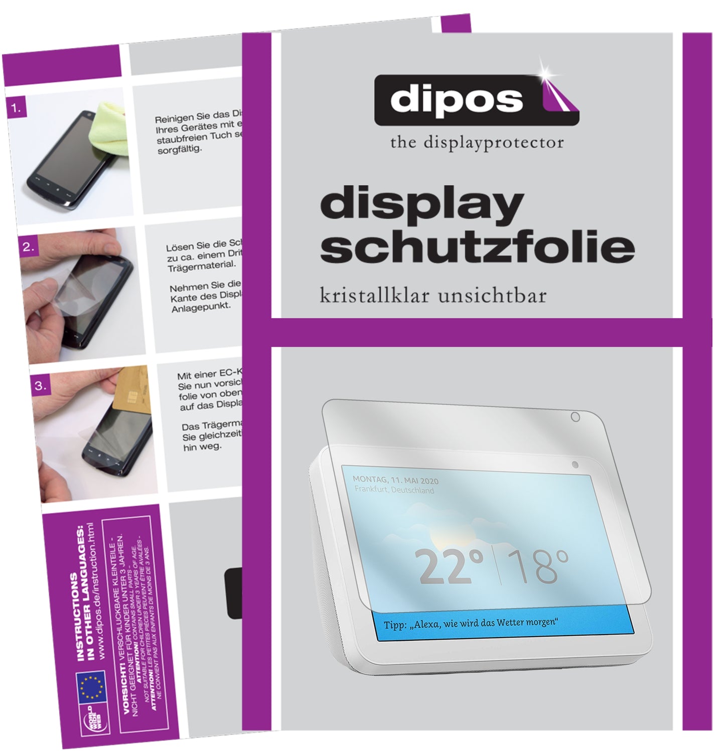 Klare Displayschutzfolie von dipos passend für Amazn Echos Show 8, präziser Zuschnitt und blasenfrei montiert