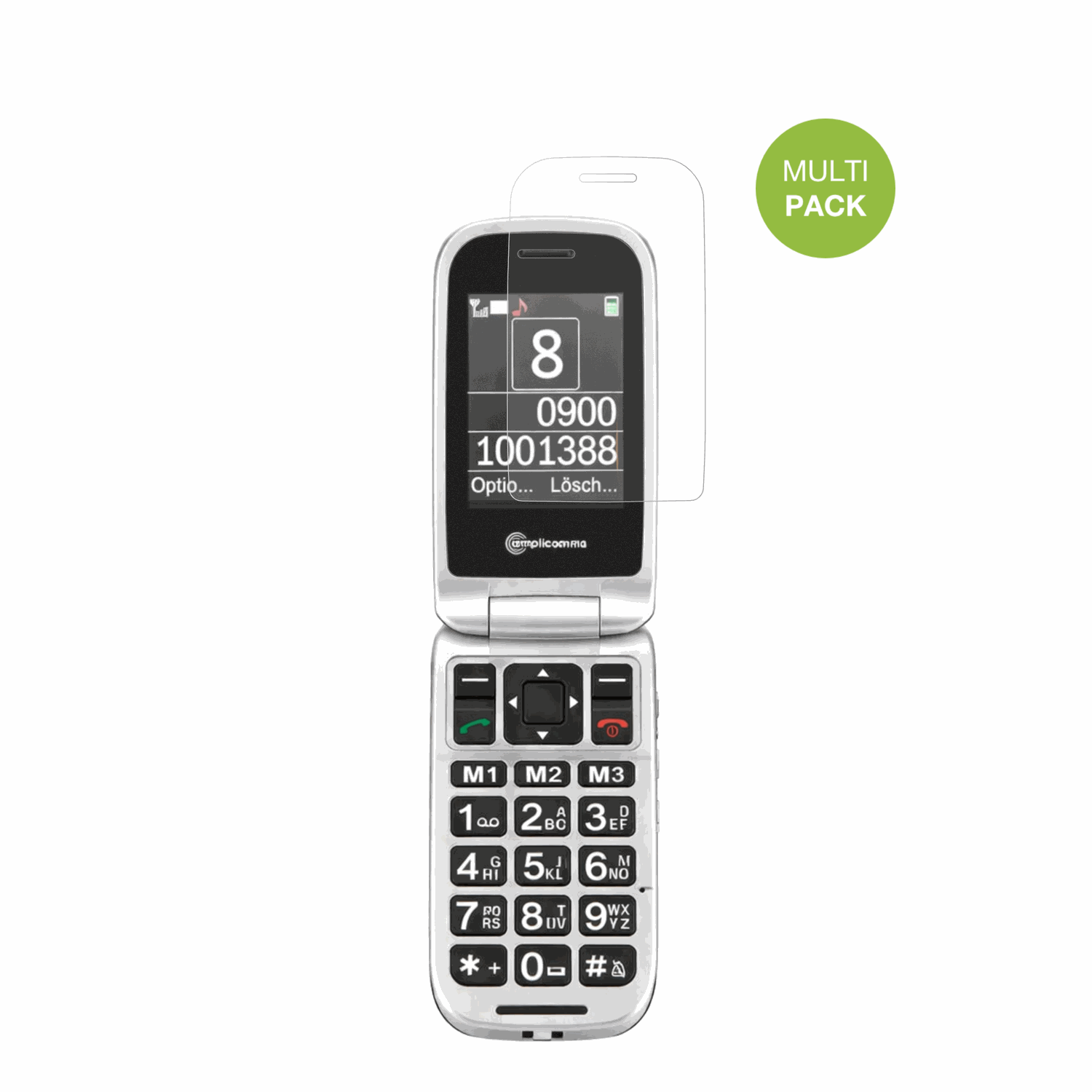 AmplicommsPowerTel M7510-3G Senioren-Handy mit aufgebrachter dipos Displayschutzfolie, die lästige Fingerabdrücke minimiert