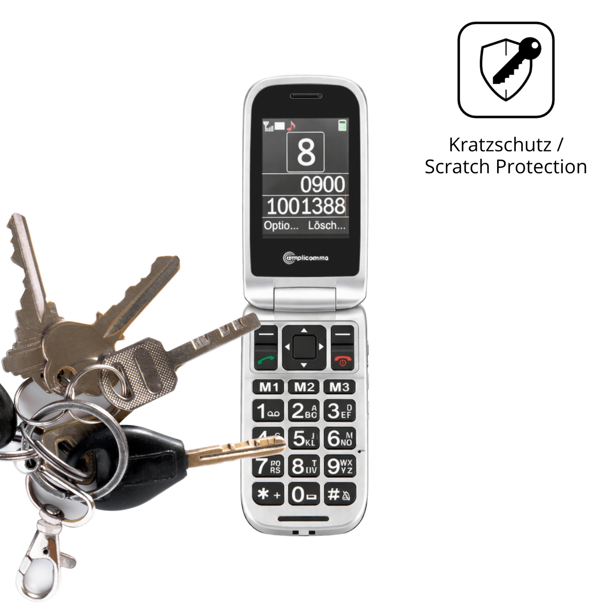 Schutz gegen Kratzer auf dem Amplicomms PowerTel M7510-3G Senioren-Handy Glas durch Schlüssel oder Ähnliches